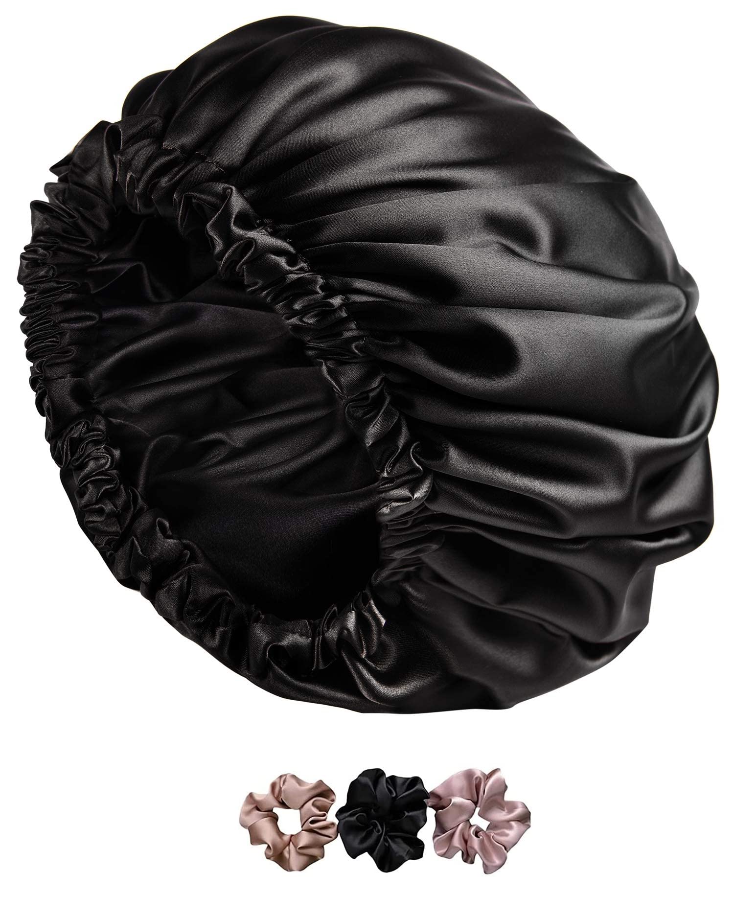 AP SALES Silk & Satin Sleep Bonnet for Curly Hair - Adjustable Hair Cap with 3 Free Scrunchies | Perfect for Nighttime Hair Protection, Travel & Salon Visits