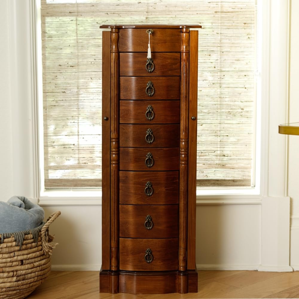 Hives and Honey Sheffield Standing Armoire Jewelry Cabinet - Walnut Wood Jewelry Storage Organizer with Mirror | Perfect for Bedroom, Closet & Dressing Room Organization