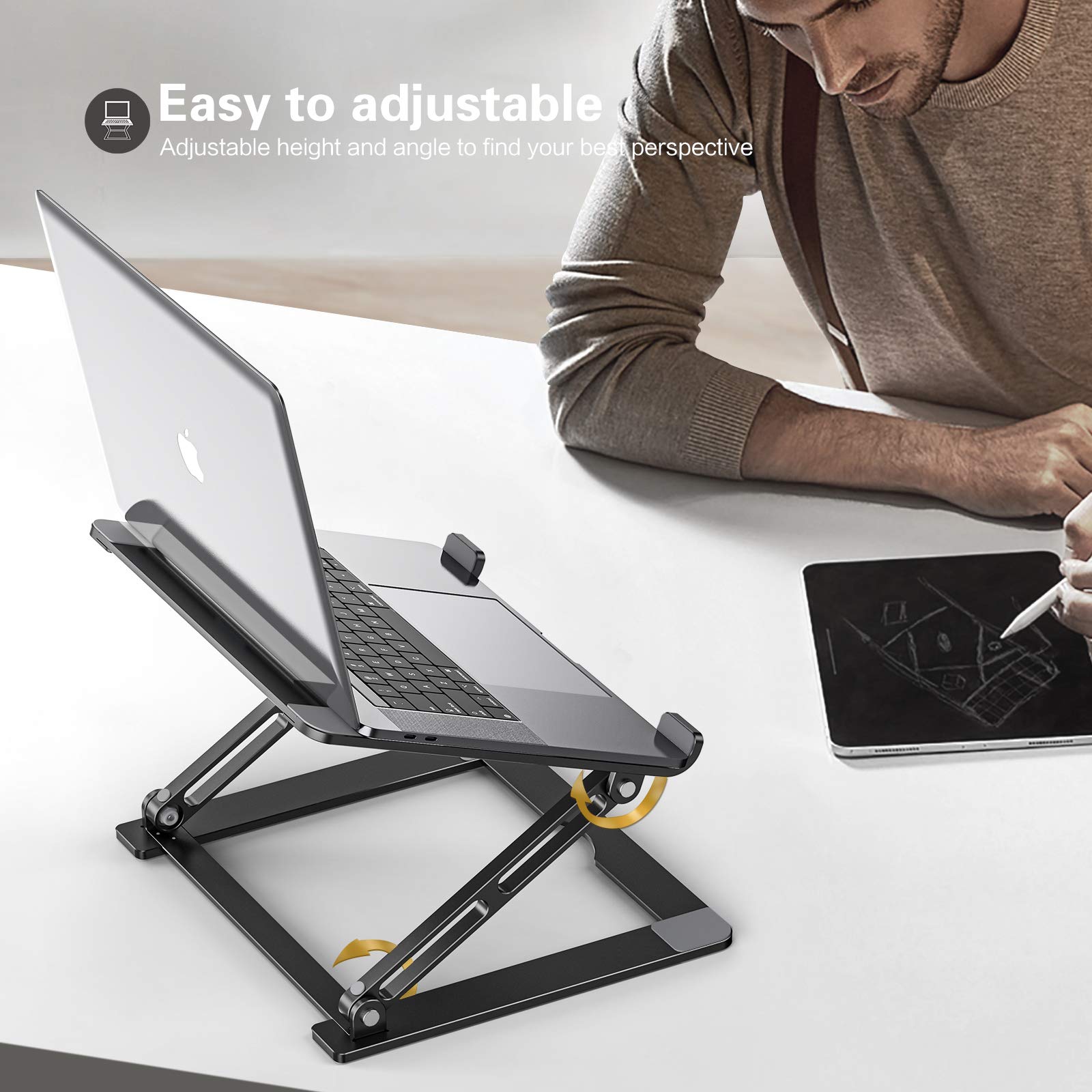 Aluminum Laptop Stand for Desk - Foldable, Portable, Height Adjustable Riser Holder for MacBook, Air, Pro, Dell XPS, HP, All 10-17.3 Inch Laptops - Perfect for Home Office, Gaming, and Study