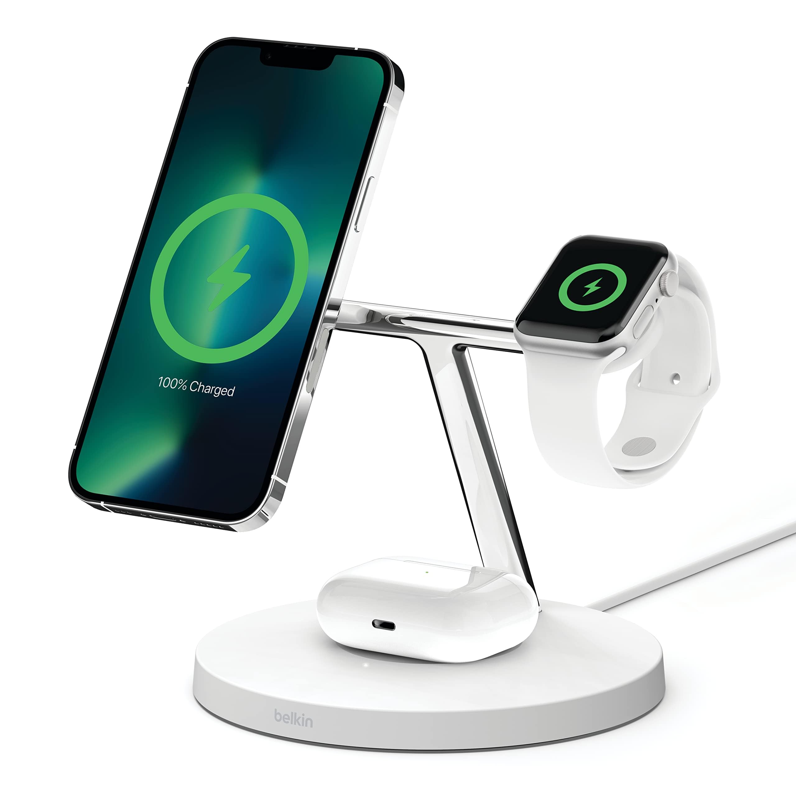 Belkin MagSafe 3-in-1 Wireless Charging Station - 15W Fast Charger for iPhone 16/15/14/13/12 Series, Apple Watch 10/9/8/SE/Ultra & AirPods - White | Perfect for Bedside, Office Desk & Travel Charging