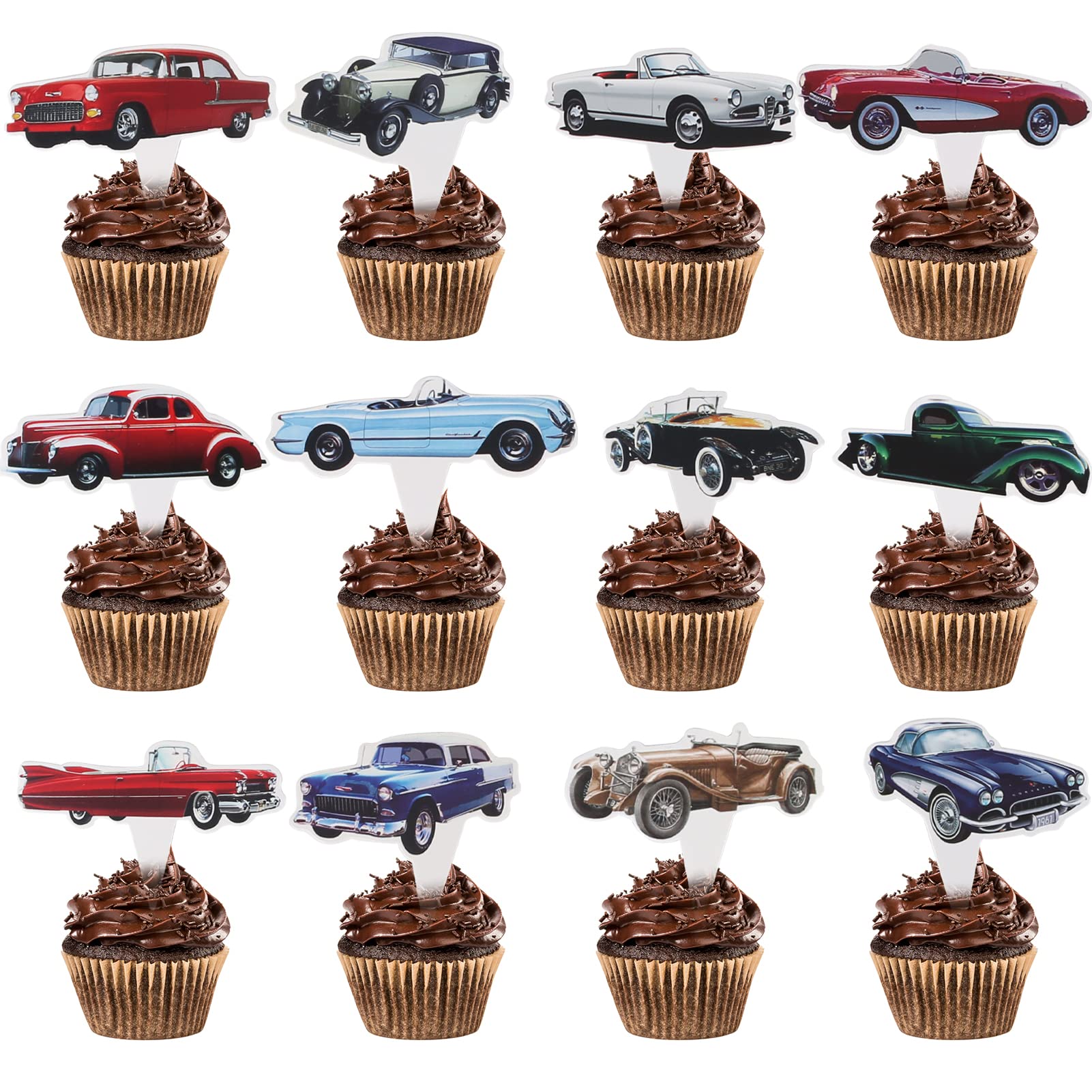 Vintage Car Party Decorations - 24pcs Classic Car Cupcake Toppers for Birthday Party Supplies, Farm Truck Theme Decor, Car Lover Favors | Perfect for Vintage Car Themed Birthday Parties, Baby Showers & Retro Celebrations