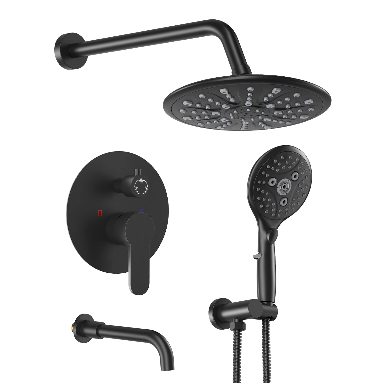 SunCleanse Matte Black Shower System with Waterfall Tub Spout, Pressure Balance Valve, Rain Shower Head & 7-Setting Handheld Spray - Perfect for Modern Bathroom Renovations and Spa-Like Shower Experiences