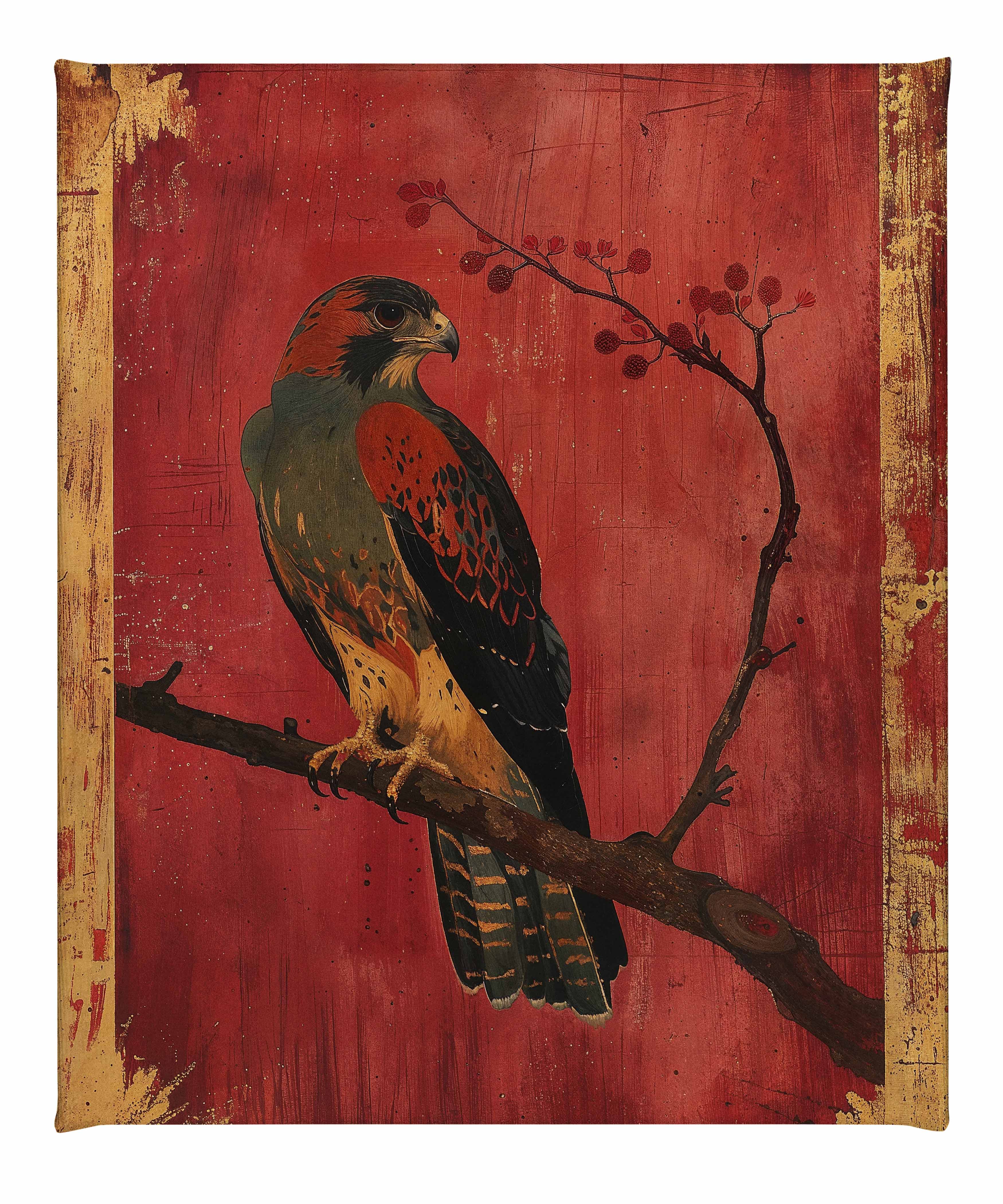 Crimson Majesty Falcon of the Silk Road Wall Art - Handmade Gallery Wrapped Canvas Painting for Living Room, Bedroom & Office Decor