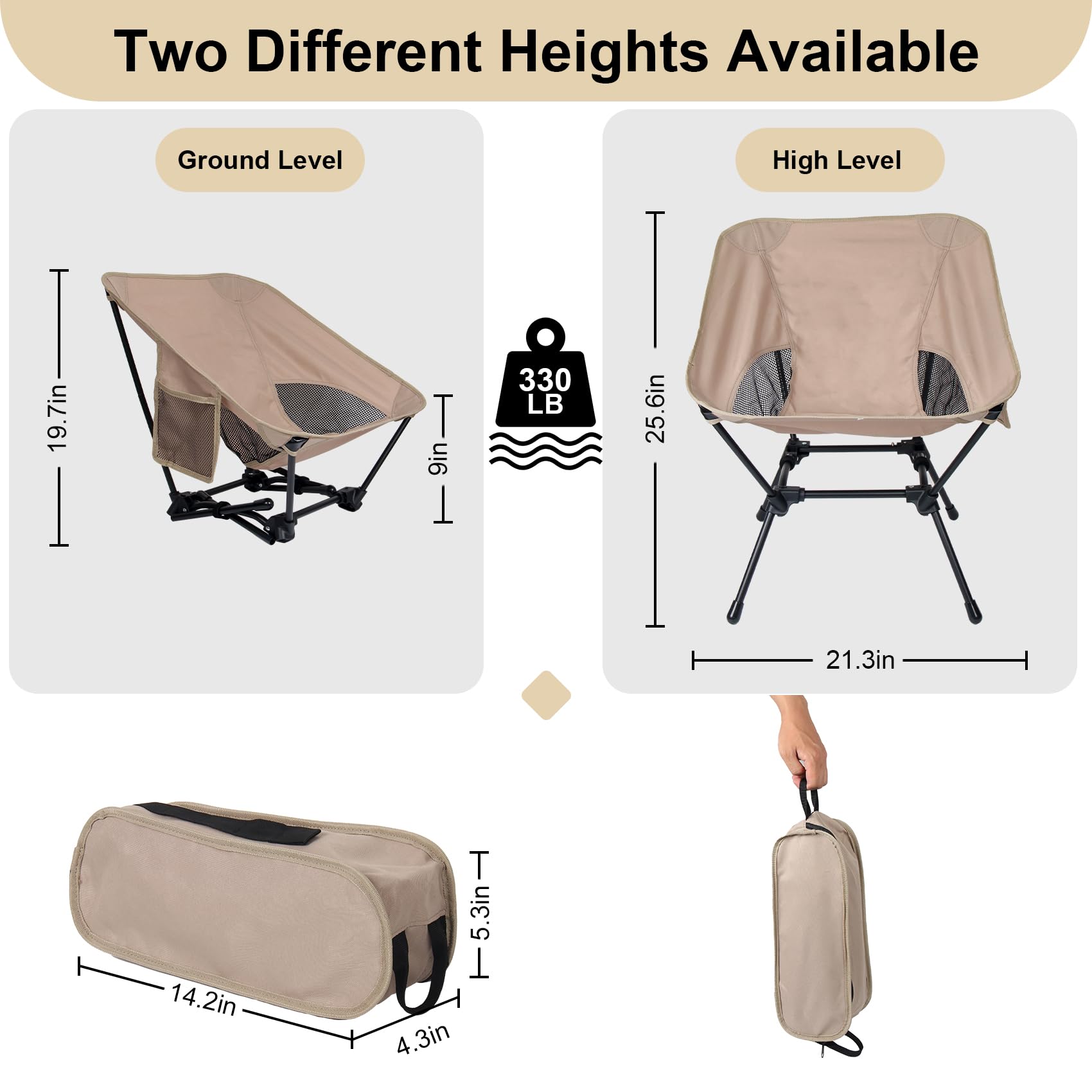 **Dreamoon Lightweight Foldable Camping Chair - Portable Backpack Chair with Side Pockets & Carry Bag, Adjustable Height Compact Outdoor Chair for Camping, Beach, Picnic, Hiking, Fishing, Travel - Perfect for Backyard, Tailgating & Outdoor Adventures (Khaki)**