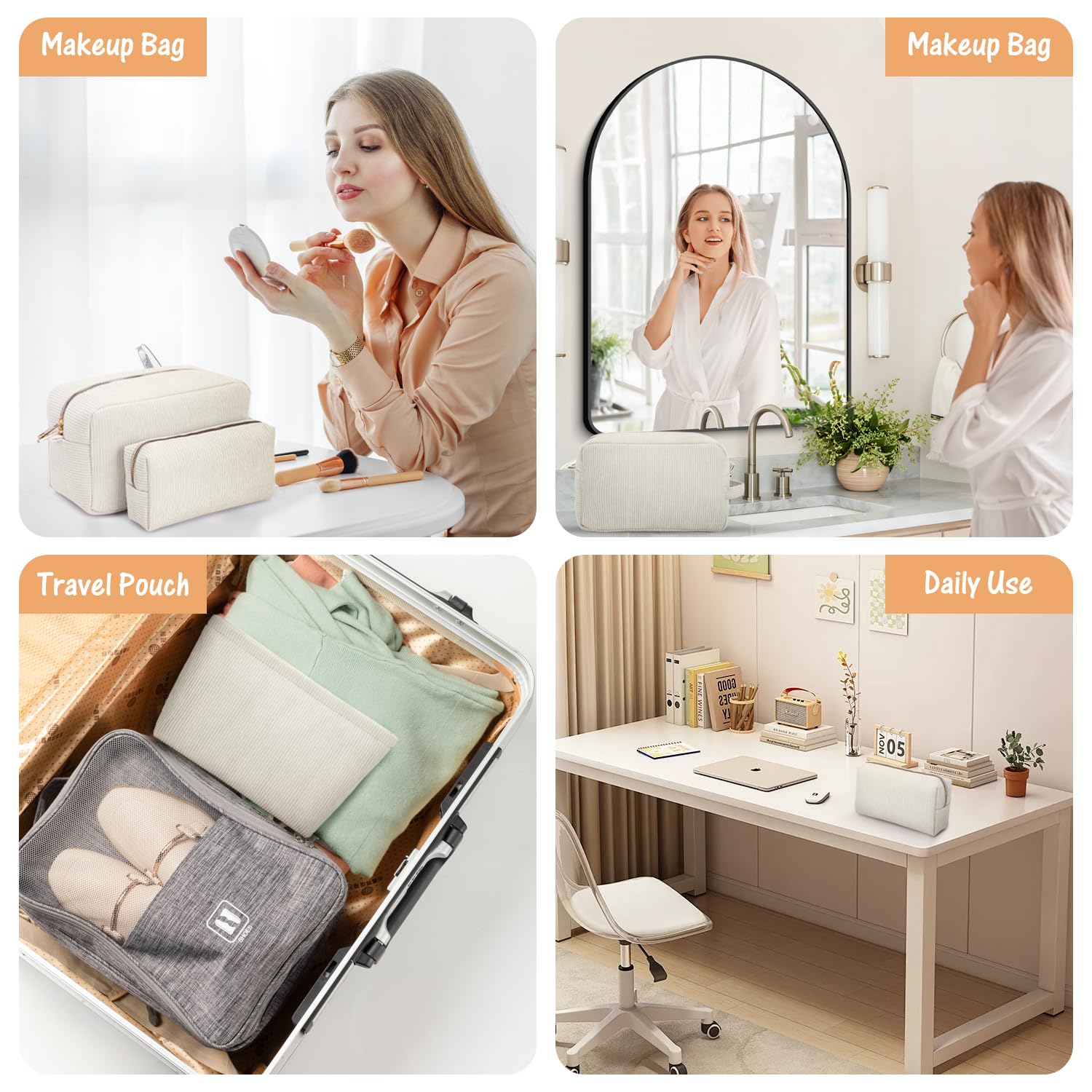3-Piece Corduroy Makeup Bag Set for Women - Travel Cosmetic Organizer, Toiletry Pouch & Brush Storage - Essential Beauty Accessories for On-the-Go (Beige) | Perfect for Vacation, Gym & Daily Use