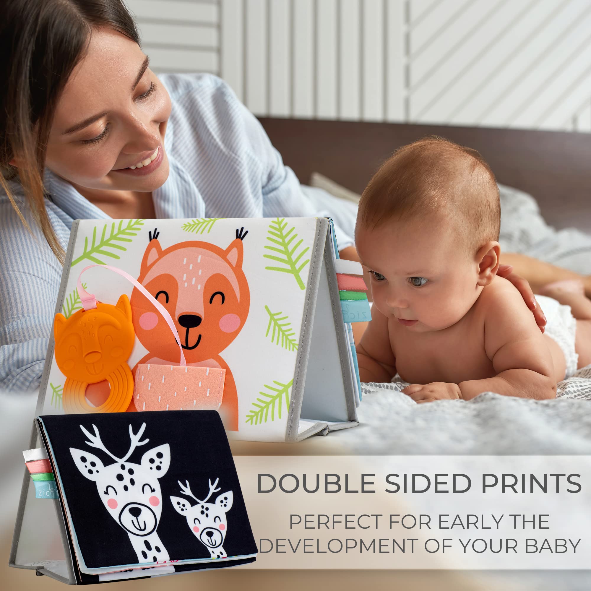 ZICOTO Soft Tummy Time Book with Large Baby-Safe Mirror - High Contrast Montessori Sensory Toy for Newborns 0-6 Months | Developmental Learning & Playtime Activity for Infants