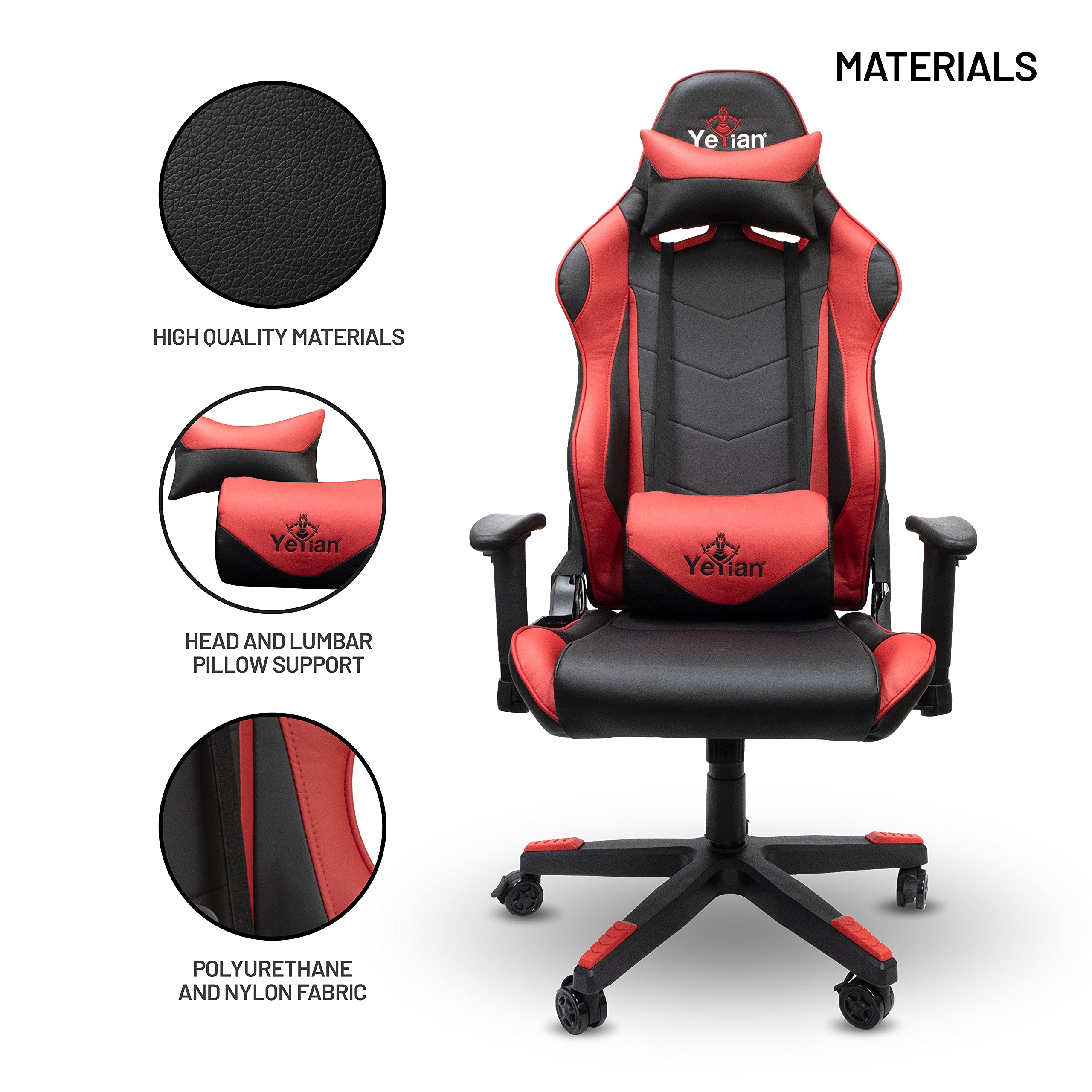YEYIAN Ergonomic Gaming Chair with Lumbar Support - Adjustable Reclining PC Racing Seat for Esports, Office & Home - High Back Computer Chair with Headrest, Soft Cushion & 330lbs Capacity (Red) - Perfect for Long Gaming Sessions & Work from Home Comfort