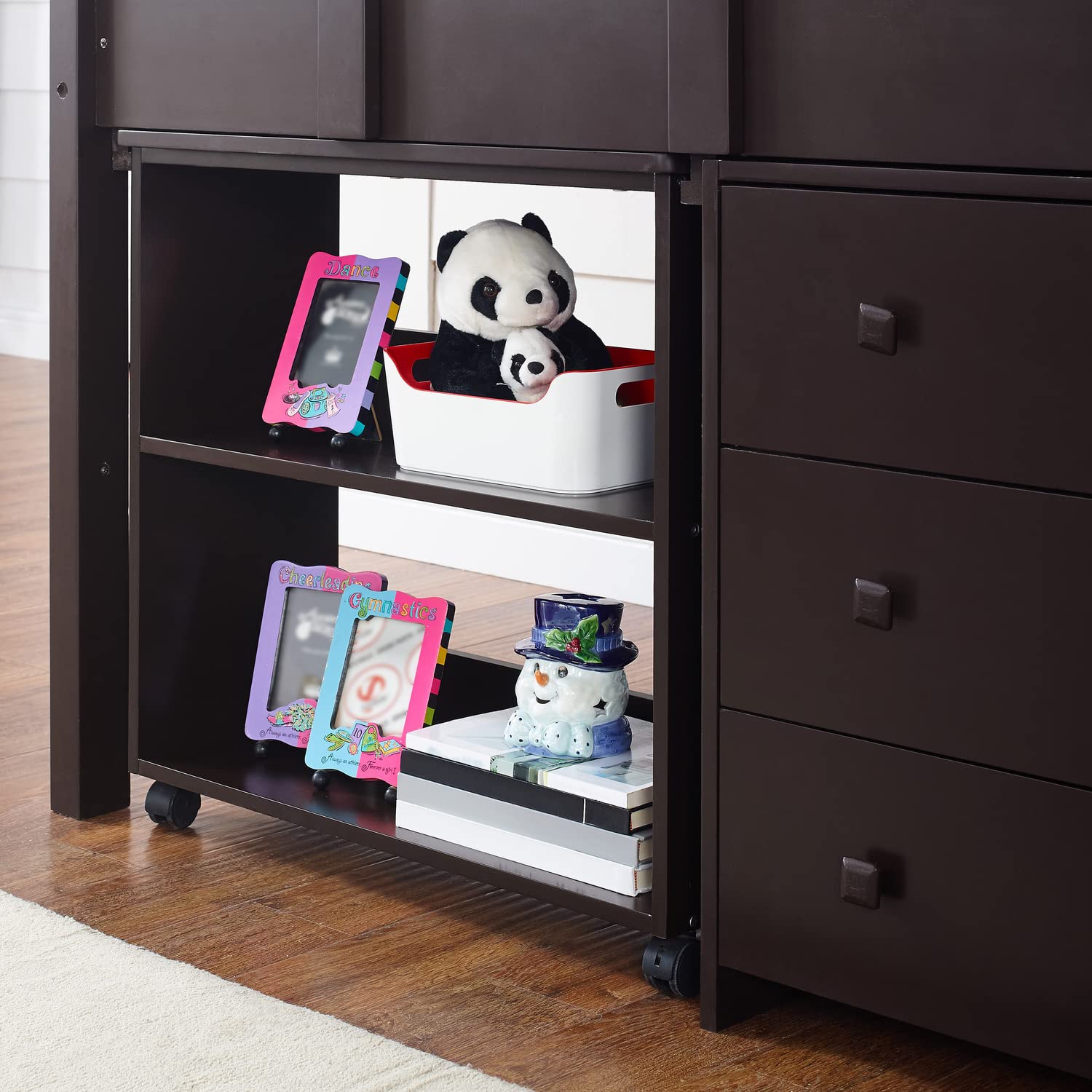Naomi Home Twin Low Loft Bed with Built-in Study Desk for Kids - Space Saving Wooden Loft Bed with Storage, Espresso Finish - Perfect for Small Bedrooms, Dorm Rooms & Kids Study Areas