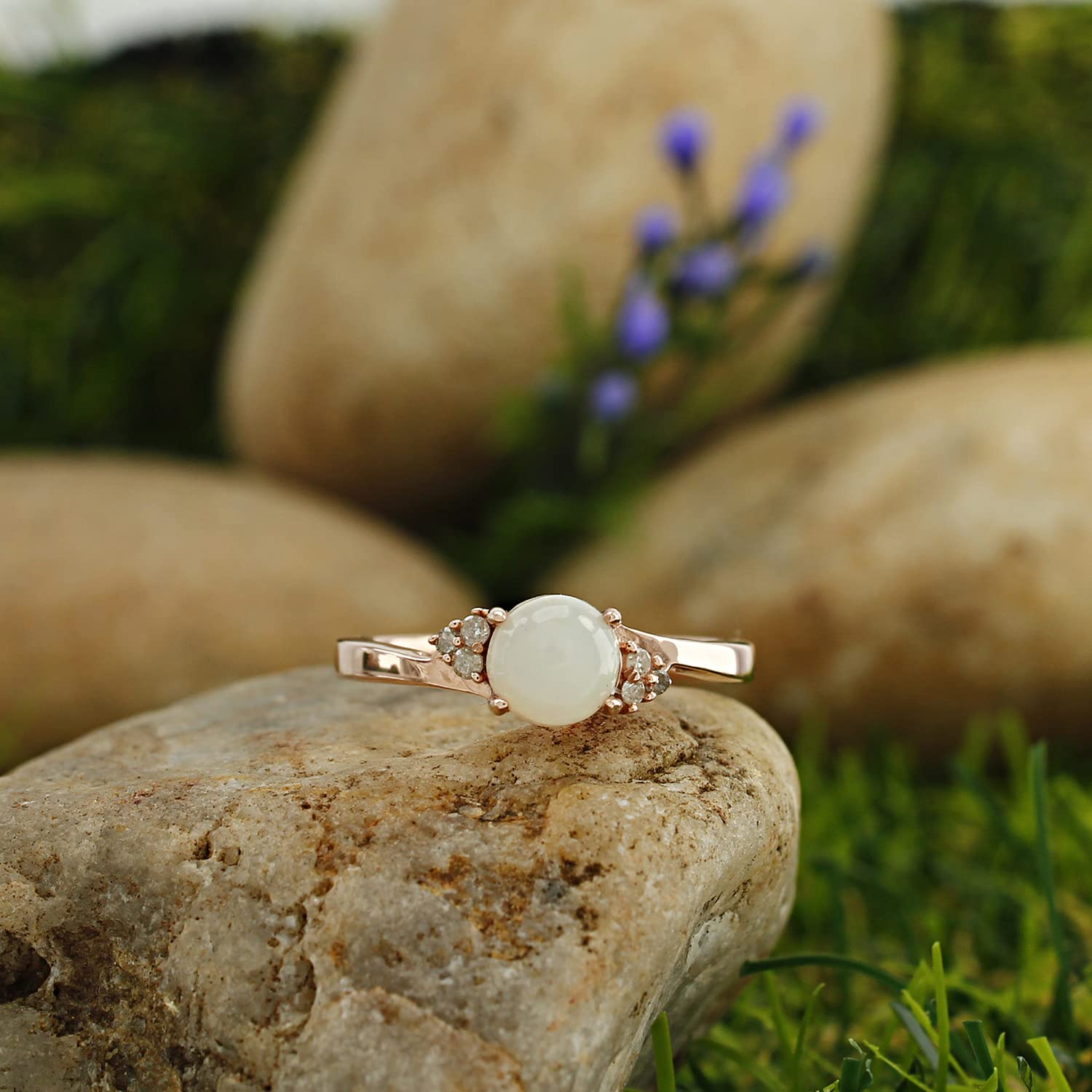 3/4 CT 6MM Round Natural White Opal & Diamond Solitaire Ring in 14K Gold Over Sterling Silver - Women's Engagement Promise Ring (0.75Cttw) - Perfect Valentine's Day Gift for Her, Anniversary or Romantic Occasion