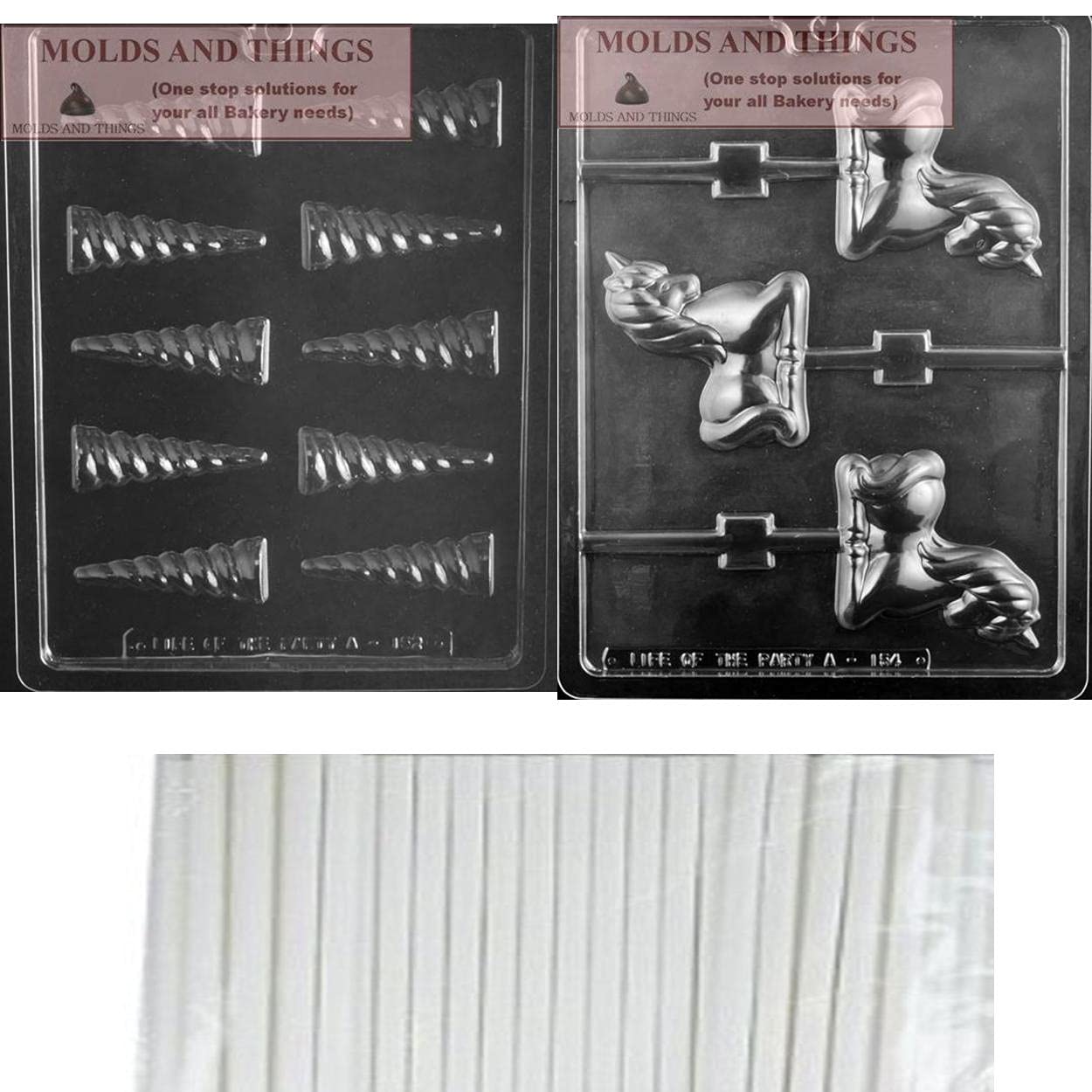 Premium Unicorn Lollipop & Horn Chocolate Candy Mold Set with Copyrighted Instructions + 50 Sticks - Perfect for Birthday Parties, Baby Showers & DIY Candy Making