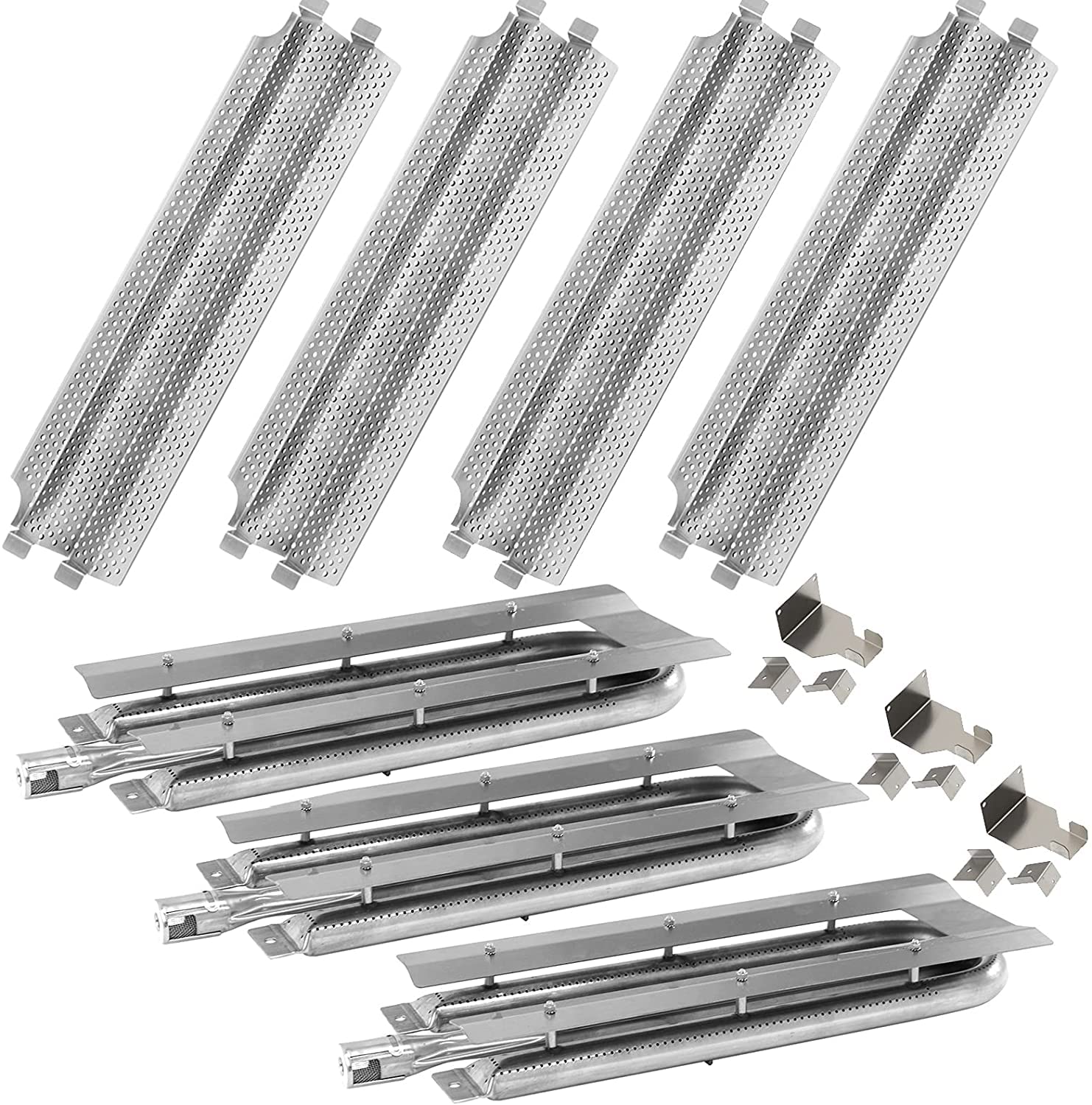 Viking VGBQ Grill Burners and Heat Plates Replacement - Compatible with VGBQ 30/41/53 in T Series (3-Pack Center-Fed U Tube Burners & 4-Pack Flame Tamers) - Perfect for Outdoor BBQ, Backyard Grilling, and Gas Grill Maintenance