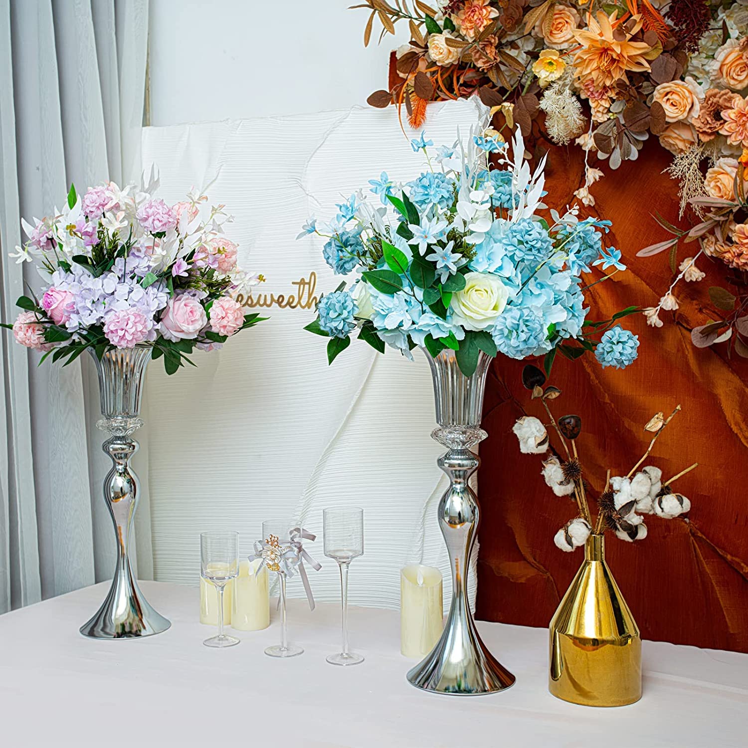 10Pcs Gold Trumpet Vase Set with Crystal Beads - Elegant Wedding Centerpieces, Birthday Party Decor, Home Table Decorations for Dining Room, Living Room & Special Events