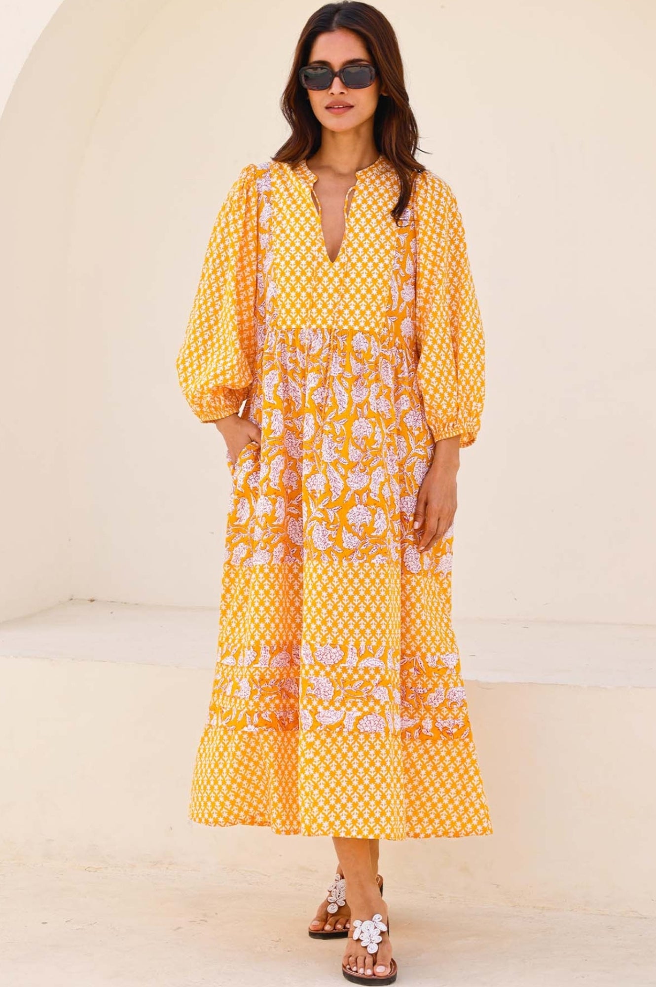 Martha Organic Cotton Mix Print Dress | Dianthus Print Yellow/White Floral Summer Dress for Women - Perfect for Beach Vacation, Garden Party & Casual Outings