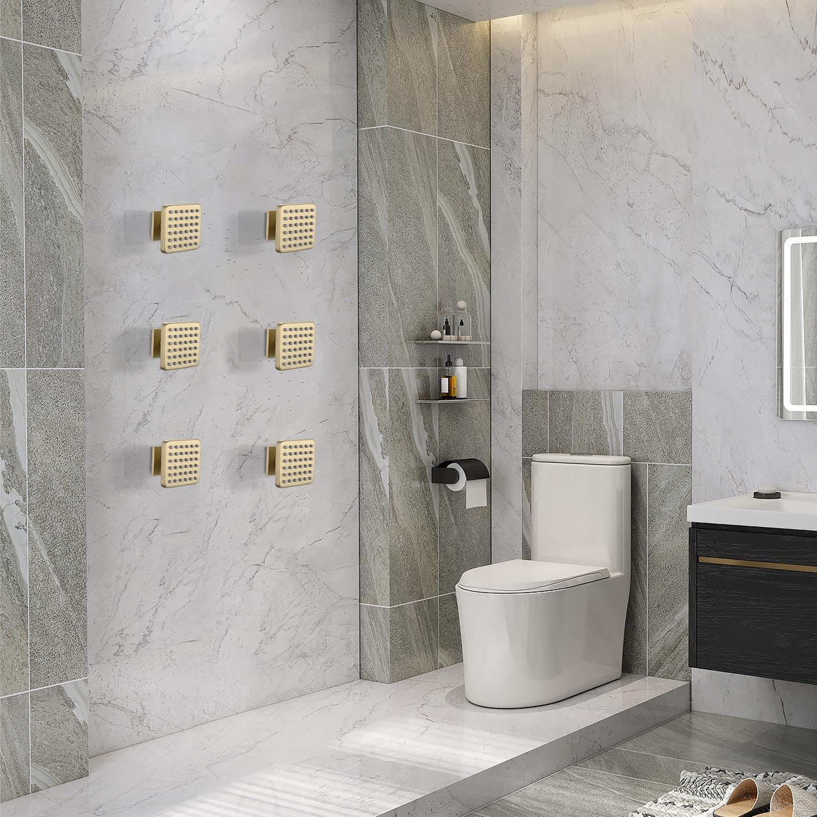 Premium Solid Brass Square Shower Body Spray Jets - High Pressure Wall Mount Shower Massage Jets (6PCS, Brushed Gold) for Luxury Bathroom & Spa Experience - Perfect for Relaxation & Hydrotherapy
