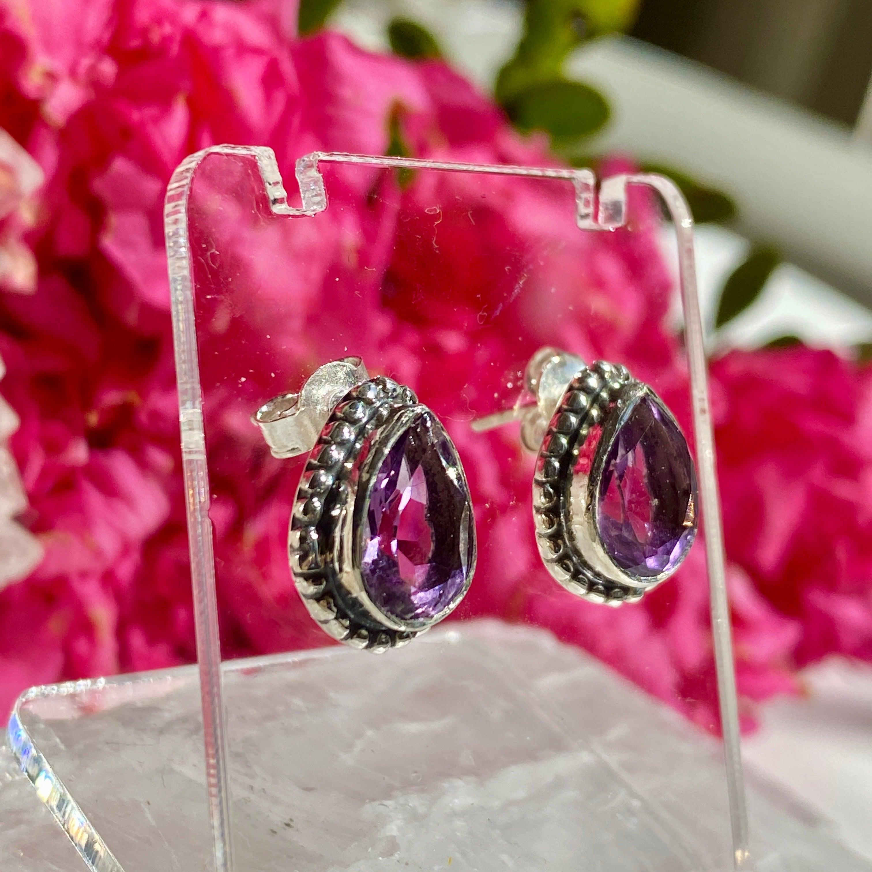 Amethyst Faceted Teardrop Stud Earrings for Women - Elegant Purple Gemstone Jewelry Gift for Birthday, Anniversary & Special Occasions
