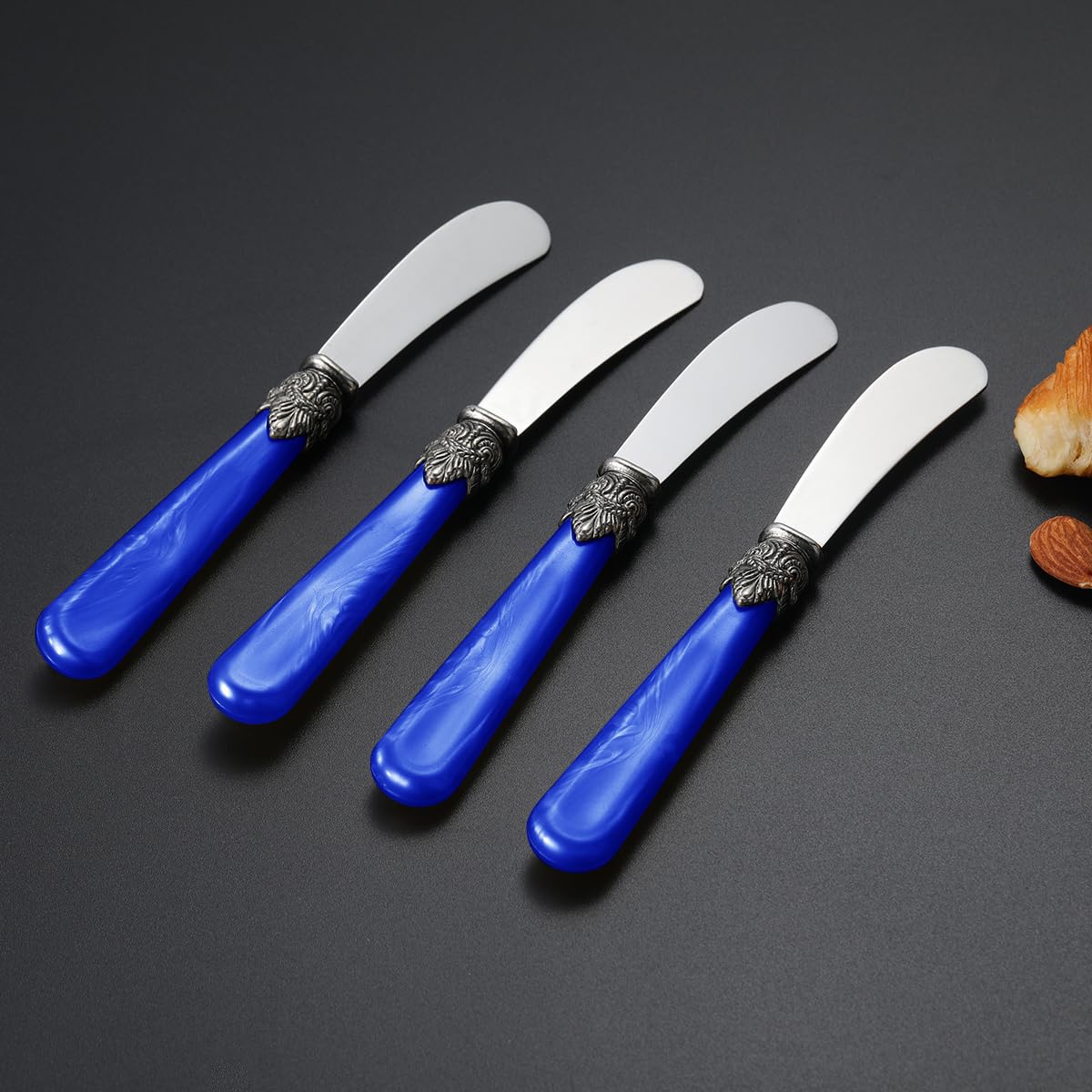 REVERIE 4-Piece Stainless Steel Butter Spreader and Cheese Knife Set - Elegant Bread Knives with Blue Handle - Perfect for Cheese Platters, Breakfast Spreads & Hostess Gifts