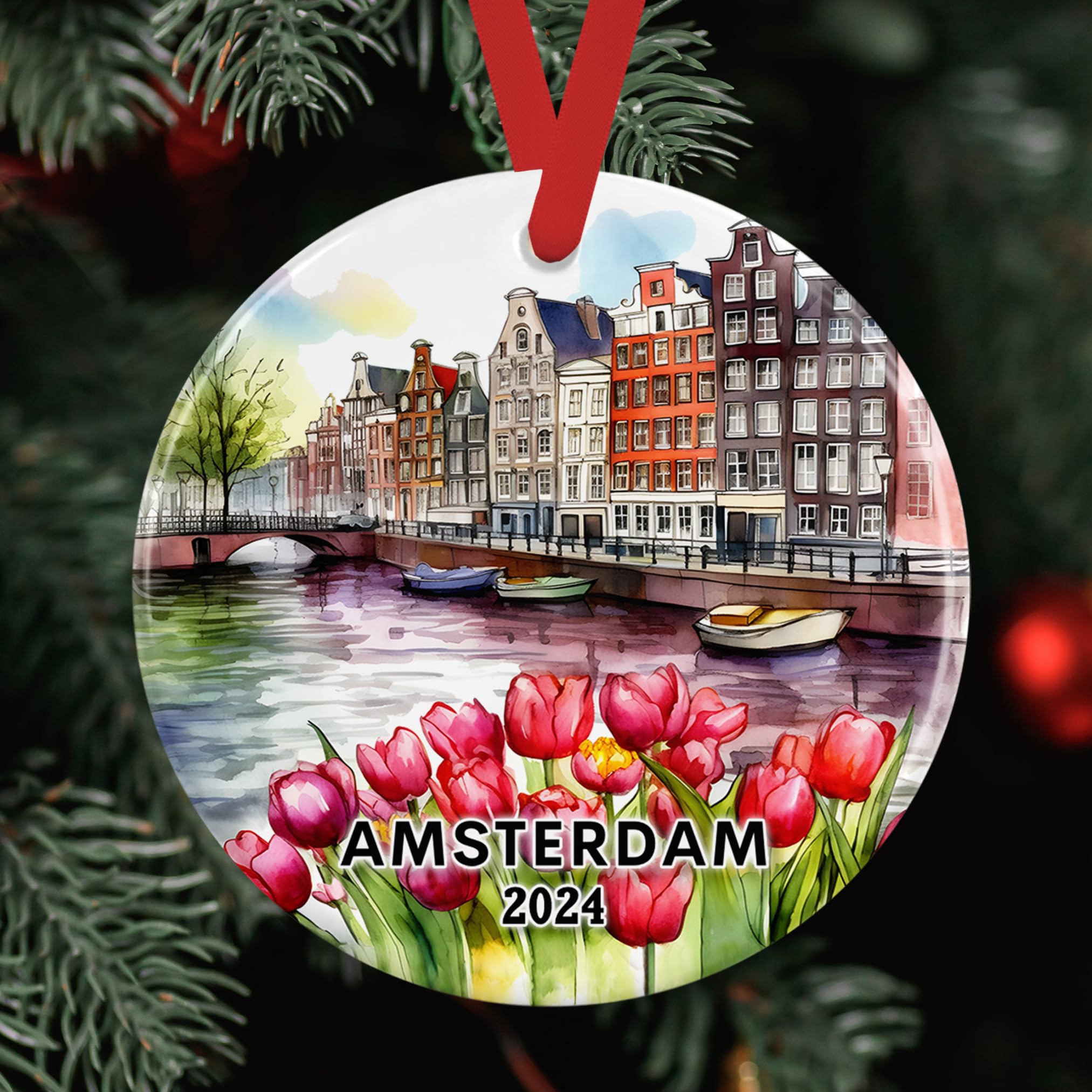 2024 Handmade Amsterdam Canal Houses & Dutch Tulips Ceramic Christmas Ornament - European Travel Vacation Holiday Keepsake Gift for Christmas Tree Decor, Home Decor, Travel Lover Souvenir