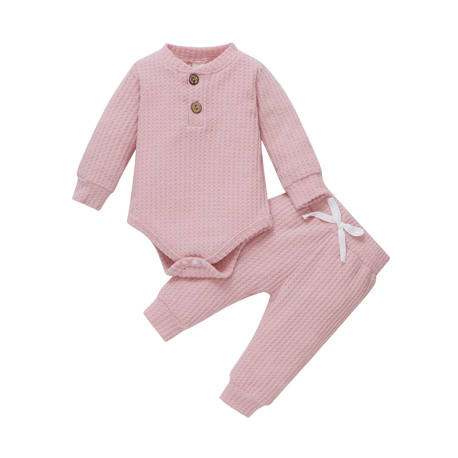 Fall Winter Newborn Baby Clothes Set - Unisex Infant Waffle Knit Outfit with Long Sleeve Top & Pants | Cozy Winter Wear for Babies