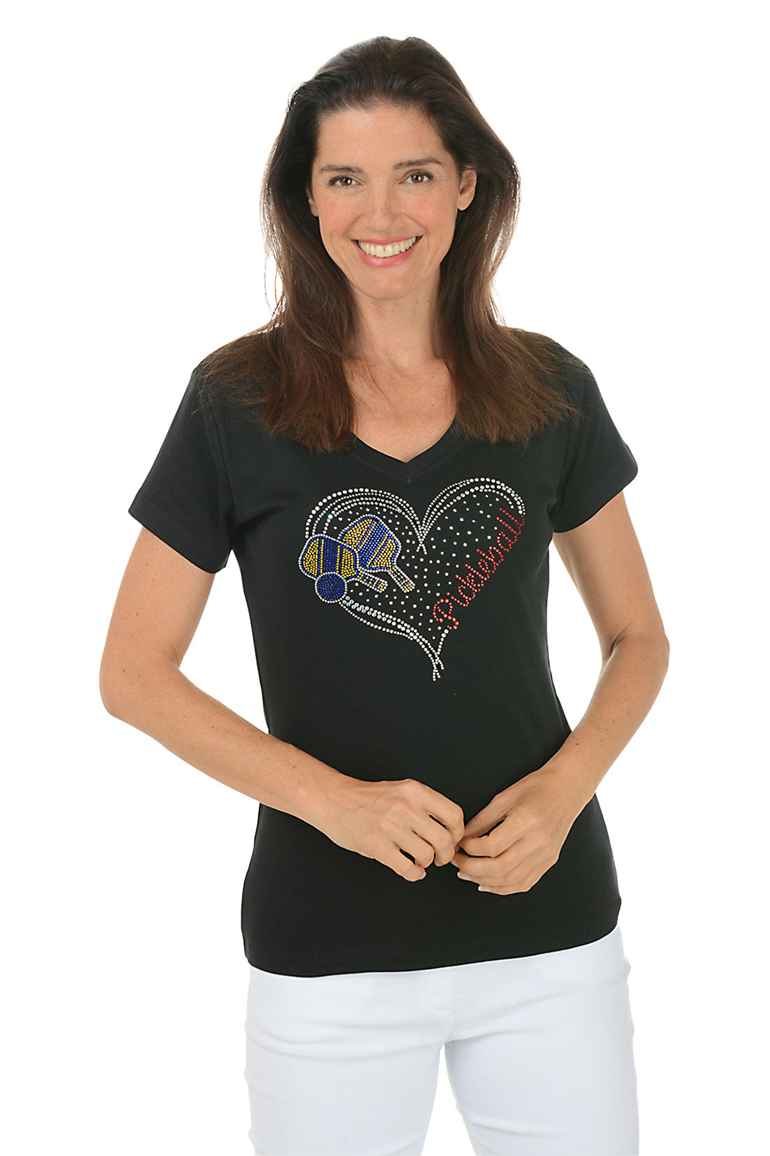 Sparkle Pickleball Heart Rhinestone T-Shirt for Women - Stylish & Comfortable Athletic Top for Pickleball, Tennis & Casual Wear
