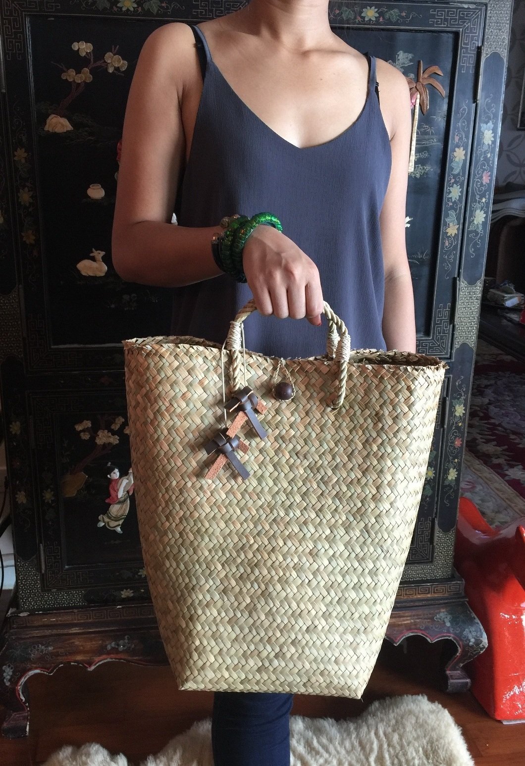 Extra Large Straw Basket Bag - Natural Woven Tote for Beach, Picnic & Shopping | Eco-Friendly Handmade Straw Beach Bag & Picnic Tote for Women | Perfect for Summer Outings, Farmers Market & Boho Style