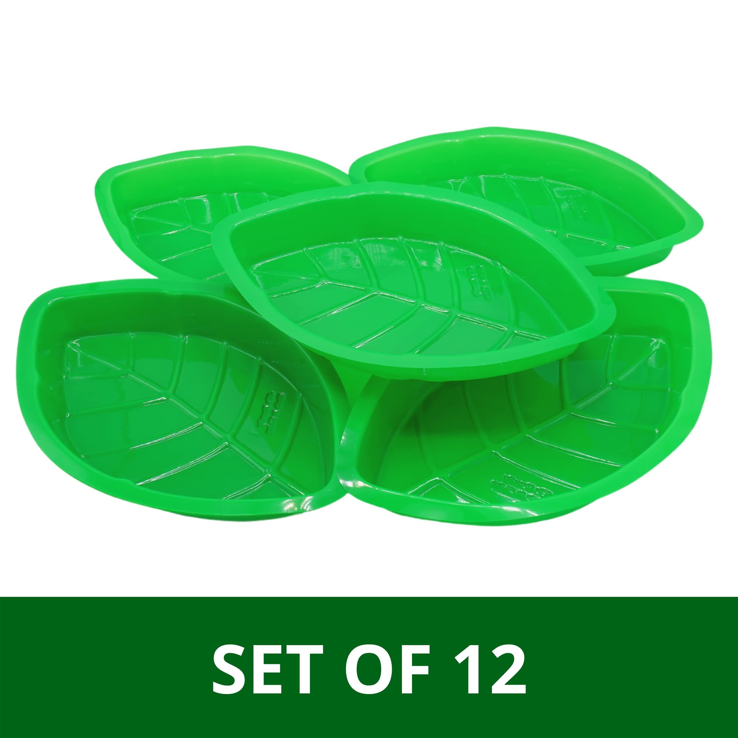 12-Pack Plastic Palm Leaf Party Serving Trays - Durable Luau & Jungle Safari Buffet Plates for Candy, Snacks, Food - Perfect for Hawaiian Themed Parties, Dinosaur Decorations & Table Centerpieces - Ideal for Birthday, Wedding & Holiday Events