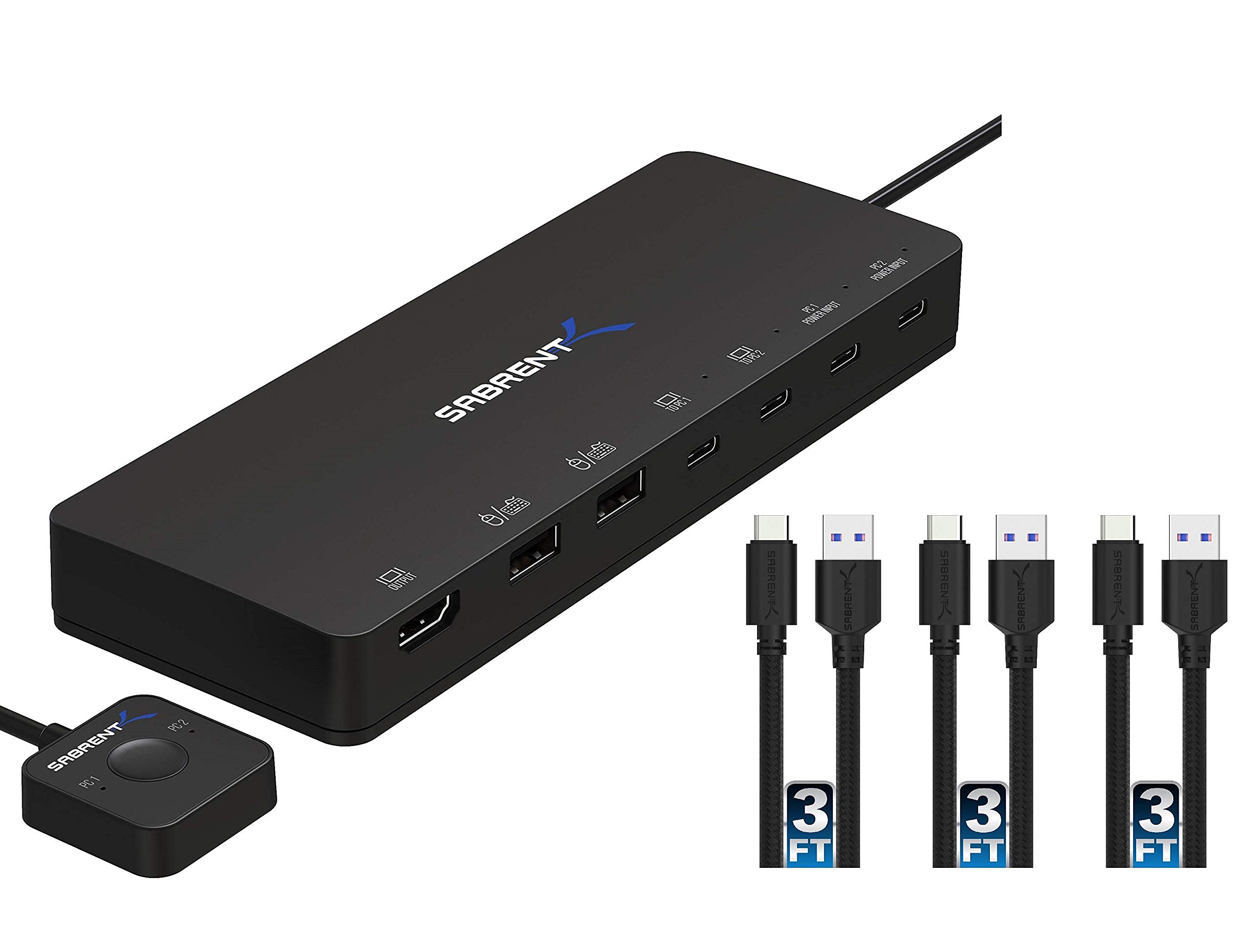 Sabrent 2-Port USB Type-C KVM Switch with 60W PD | 3-Pack 22AWG 3ft USB-C to USB 3.0 Cables | Ideal for Home Office, Gaming Setup & Multi-Device Workstations
