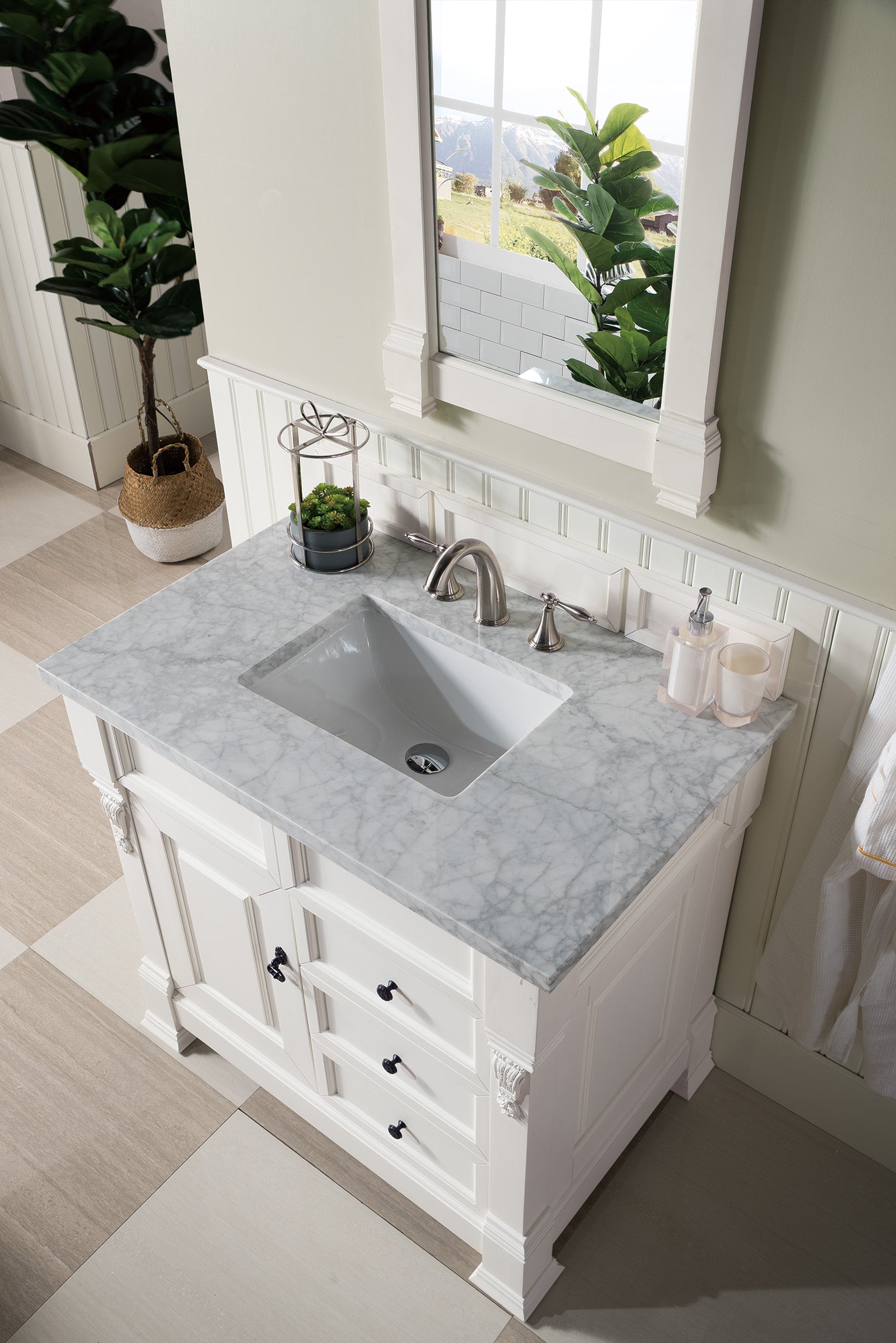 Brookfield 36 Inch Single Bathroom Vanity Set with Bright White Finish & 3CM Carrara Marble Countertop - Perfect for Modern Master Bathrooms and Guest Baths