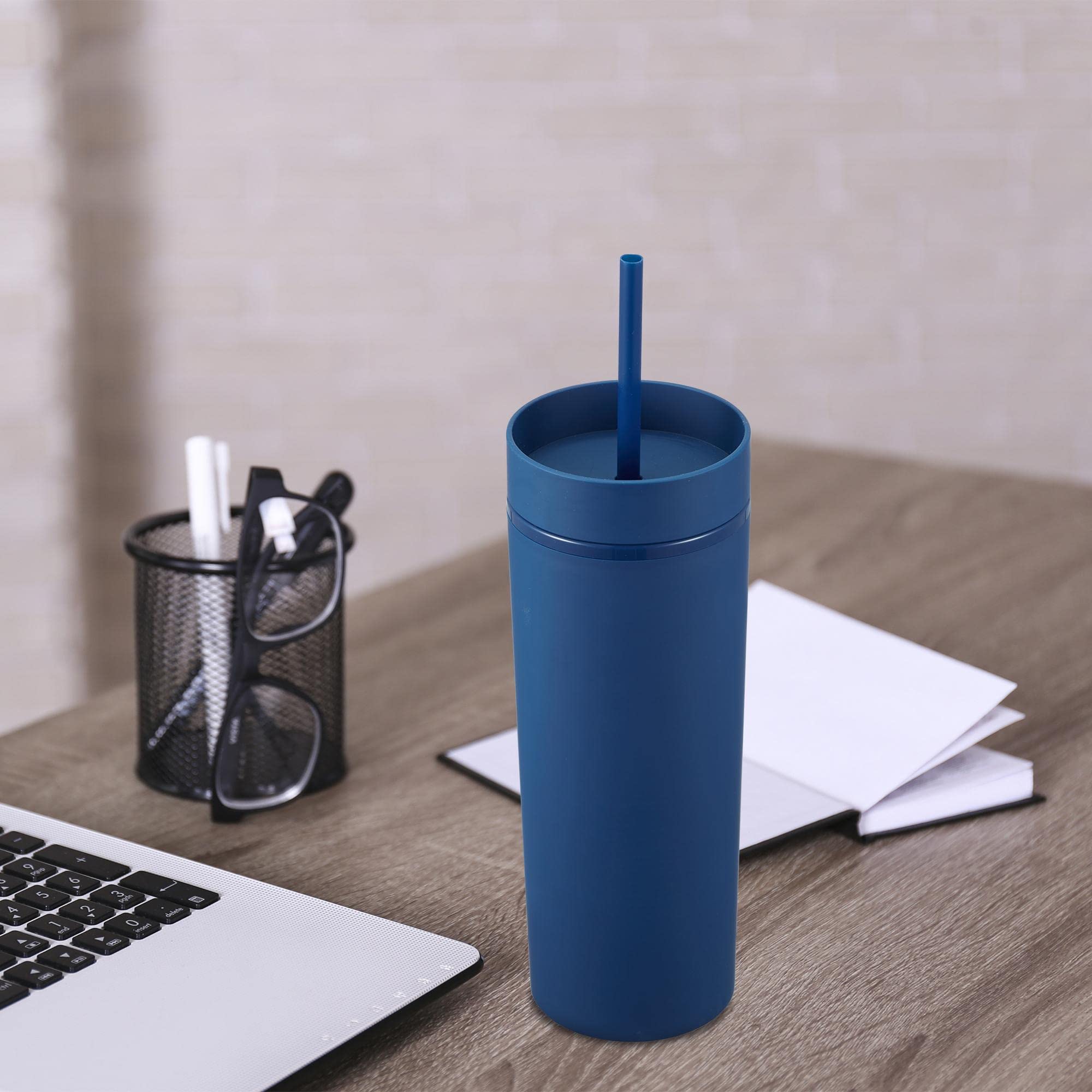 MEWAY 24 Pack 20oz Skinny Plastic Tumblers - Double Wall Acrylic Cups with Lids & Straws, Matte Pastel Reusable Drinkware for Parties, DIY Customization, Birthday Gifts, Home & Office Use (Navy Blue, Set of 24)