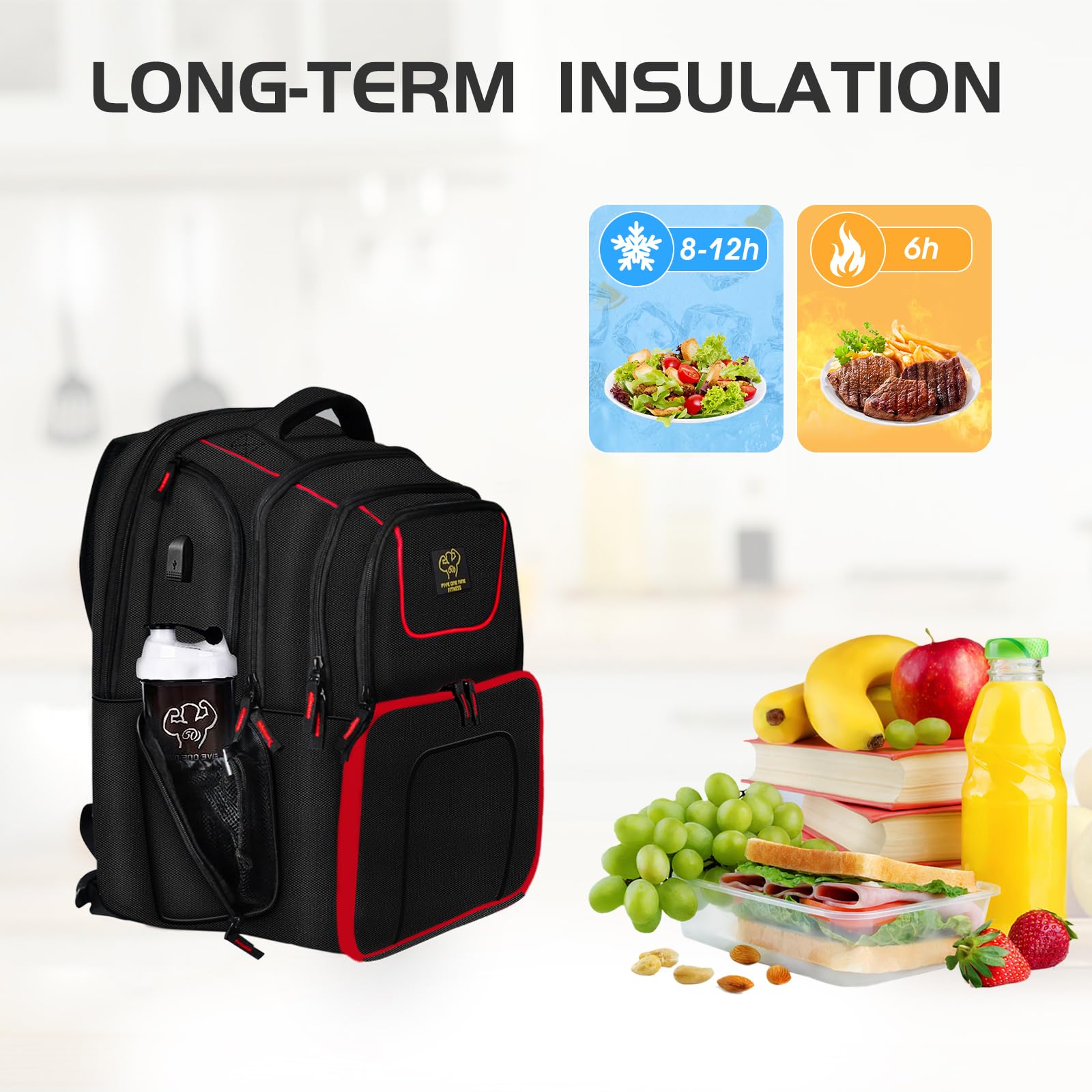 519 Fitness Meal Prep Backpack - 6 Meal Insulated Bodybuilding Gym Bag with Laptop Compartment for Men & Women | Perfect for Hiking, Picnic & Workout | Includes 6 Leakproof Food Containers, 2 Ice Packs & Shaker Bottle | Ideal for Bodybuilders, Athletes & Outdoor Enthusiasts