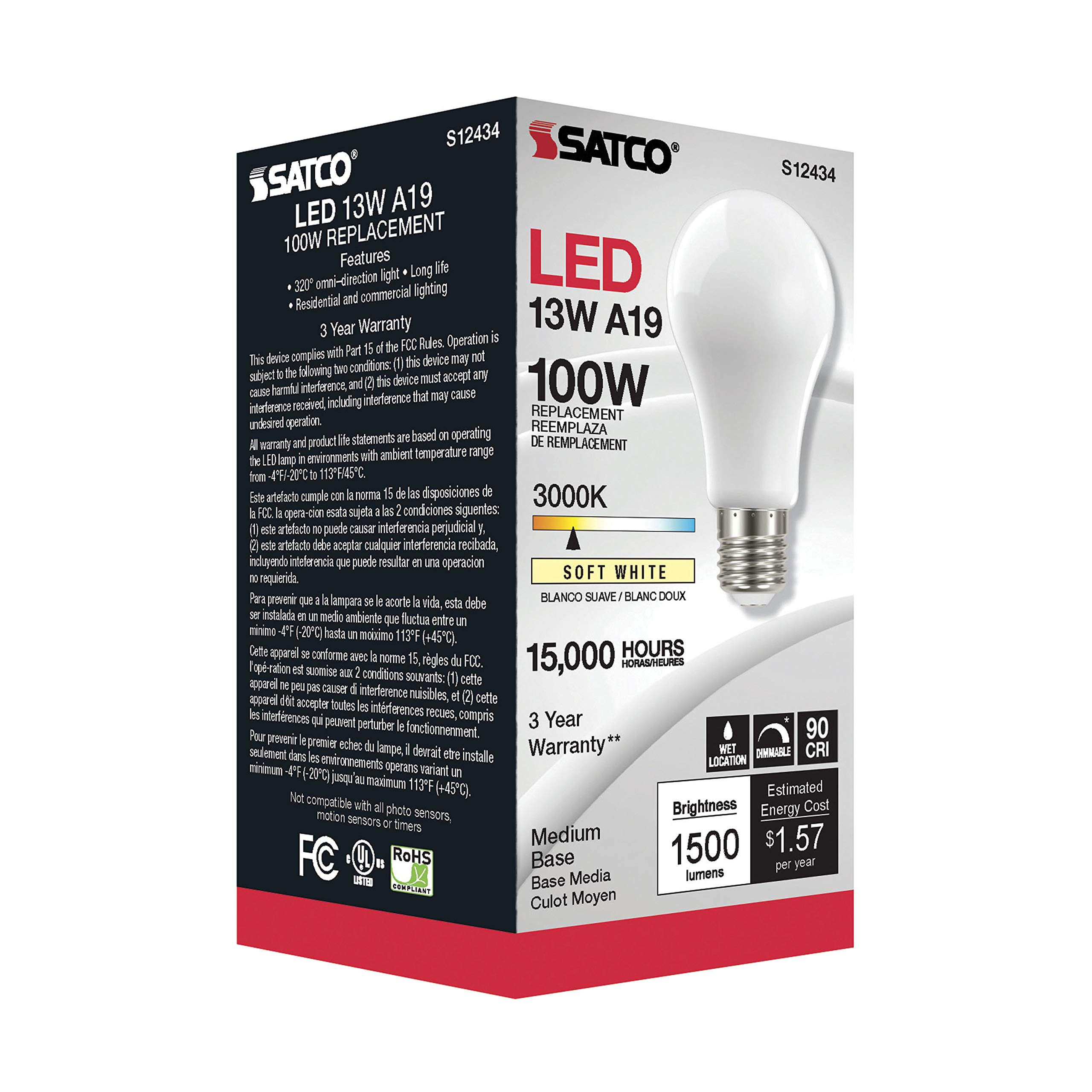 24 Pack Dimmable LED Filament Bulbs - Satco S12434, 13.5W A19 Soft White (3000K), 90 CRI, 120V - High Lumens for Home, Hotel, Retail & Office Lighting