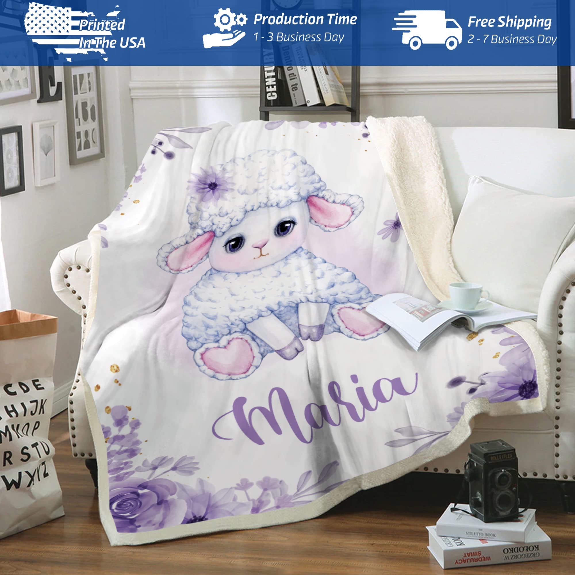 Personalized Baby Girl Blanket with Name - Custom Fleece Blanket 30x40 inches - Soft Cute Sheep Design for Newborns, Nursery, Christening & Photo Props - Perfect Baby Shower Gift for Girls