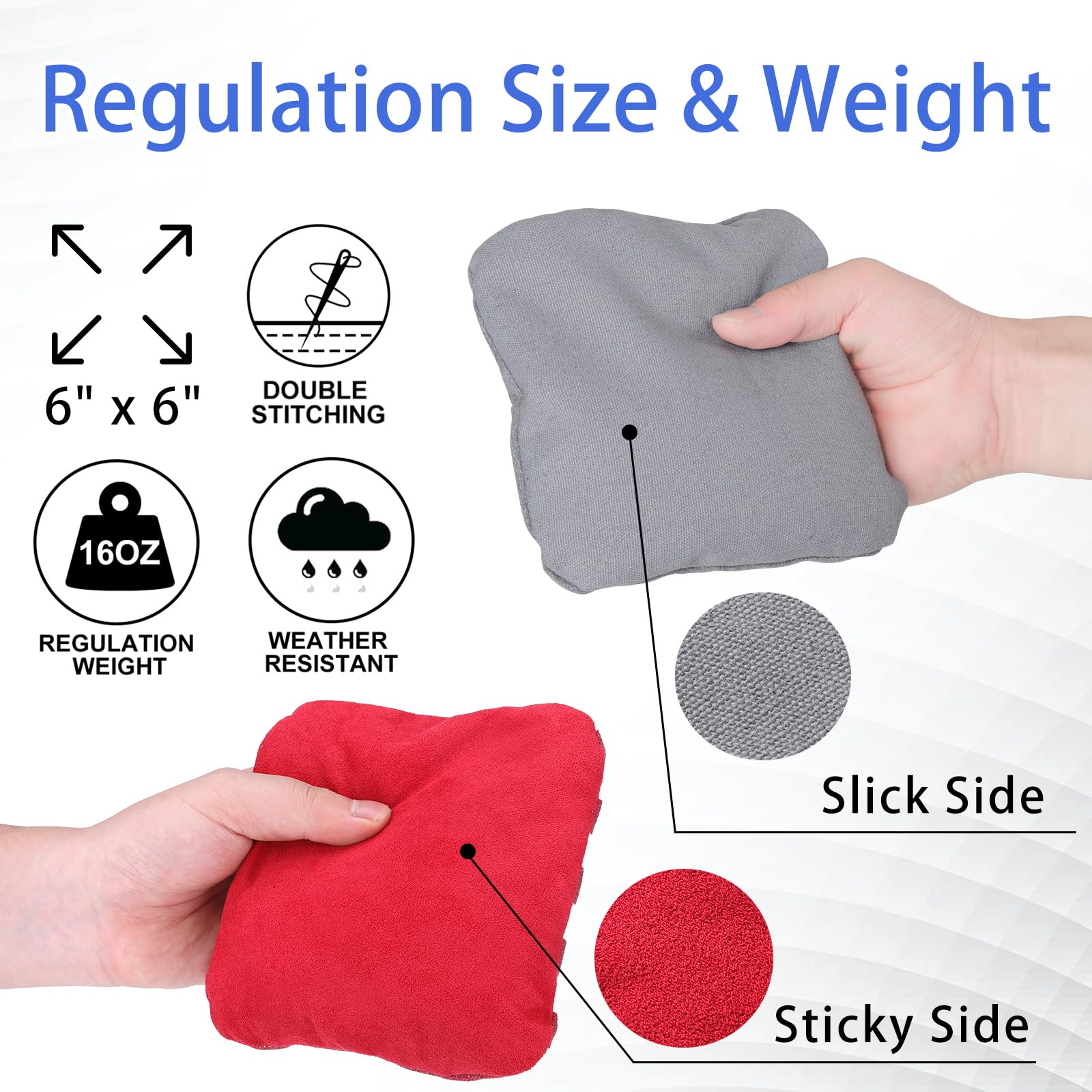 EunHo Professional Regulation Cornhole Bags Set - 8 Dual Sided Slick & Stick Bean Bags for All-Weather Outdoor Tossing Games | Perfect for Backyard Parties, Tailgating, and Family Gatherings