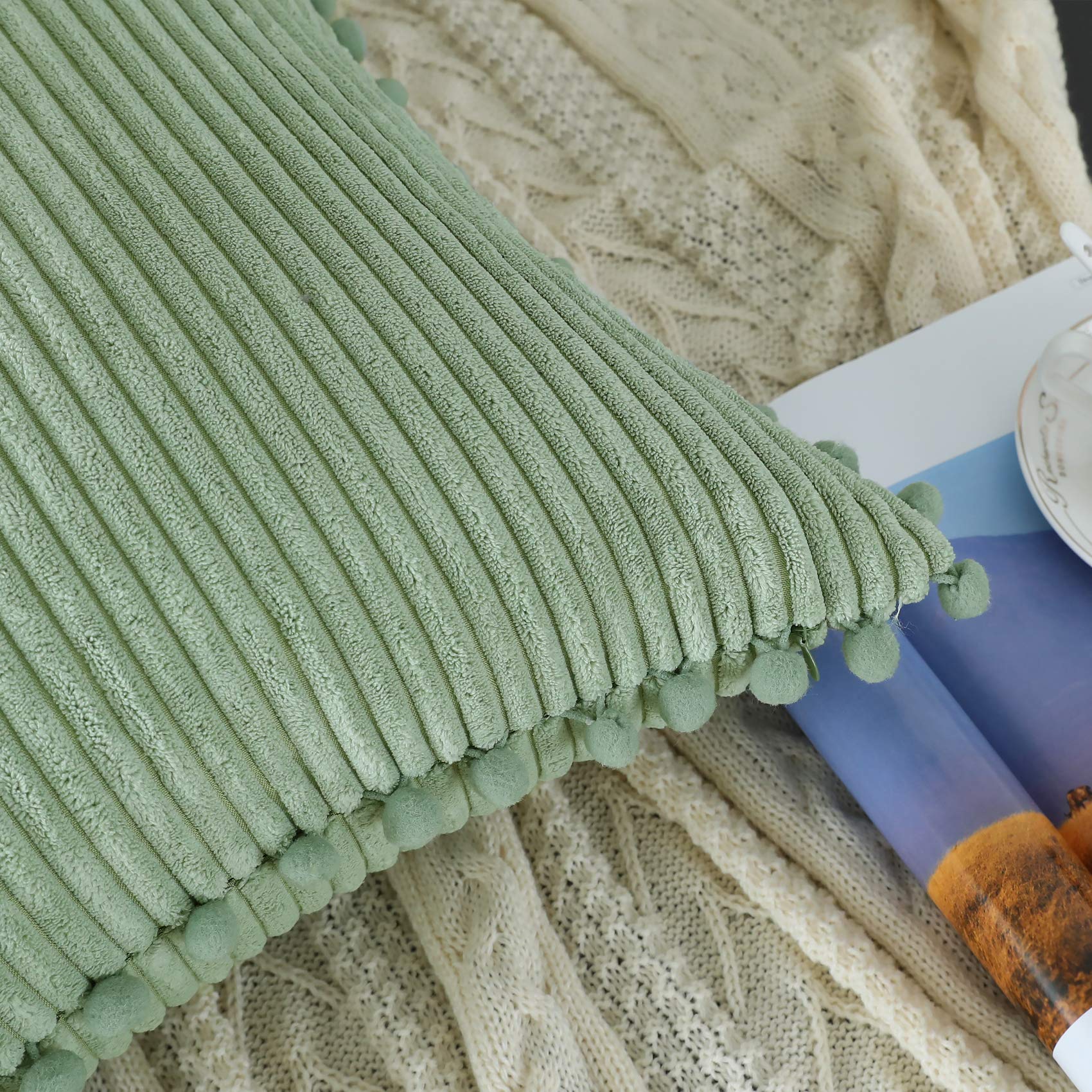 Sage Green Boho Throw Pillow Covers 20x20 Inch - Soft Striped Farmhouse Decorative Cushion Covers with Pom Poms - Set of 2 for Couch, Sofa, Bed, Chair & Outdoor Use - Perfect for Living Room, Patio & Home Decor