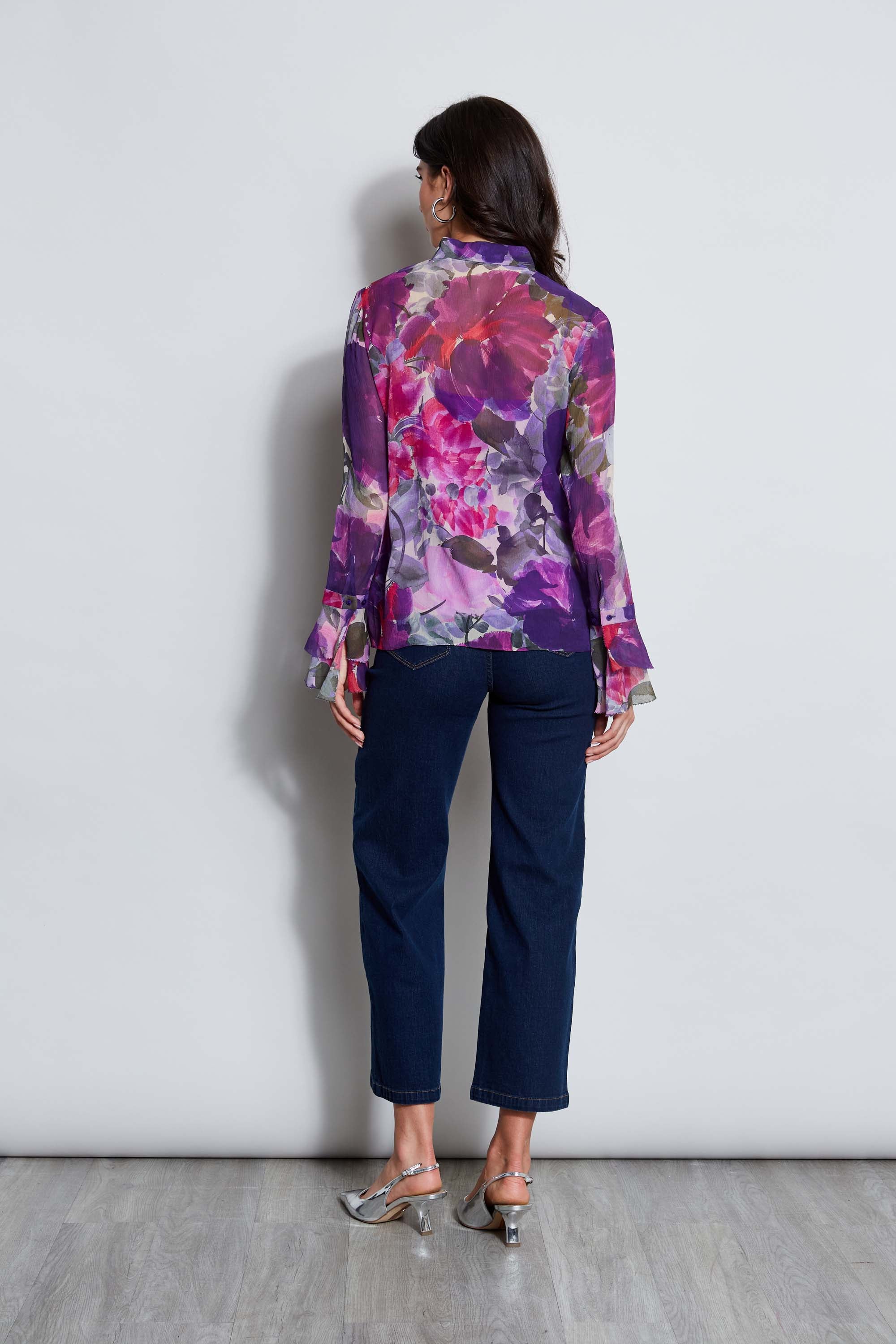 Elegant Silk Chiffon Blouse with Floral Print and Ruffled Details - Perfect for Office Wear, Date Nights & Special Occasions