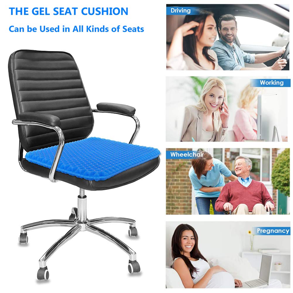 Gel Seat Cushion for Office Chair & Car - Double Thick Honeycomb Design with Non-Slip Cover - Pressure Relief & Breathable Comfort for Home, Wheelchair & Long Sitting (Blue) - Perfect for Work, Driving & Pain Relief