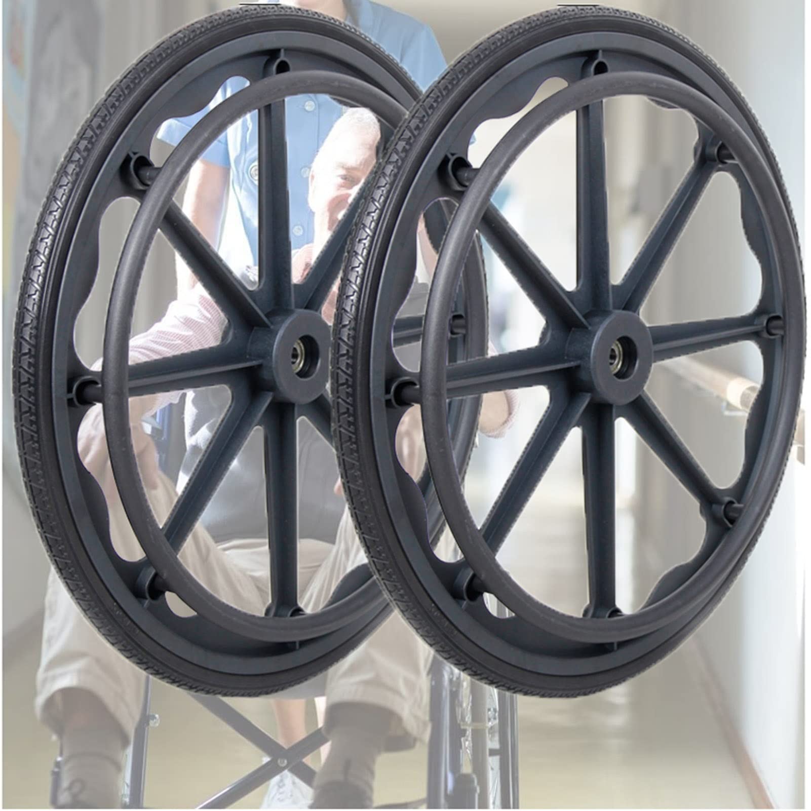 20 Inch (2 Pack) Manual Wheelchair Replacement Wheels - 20×1 3/8 Black Solid Polyurethane Tires with Metal Bearings - Durable Rear Wheel Accessories for Home, Hospital & Outdoor Mobility Use