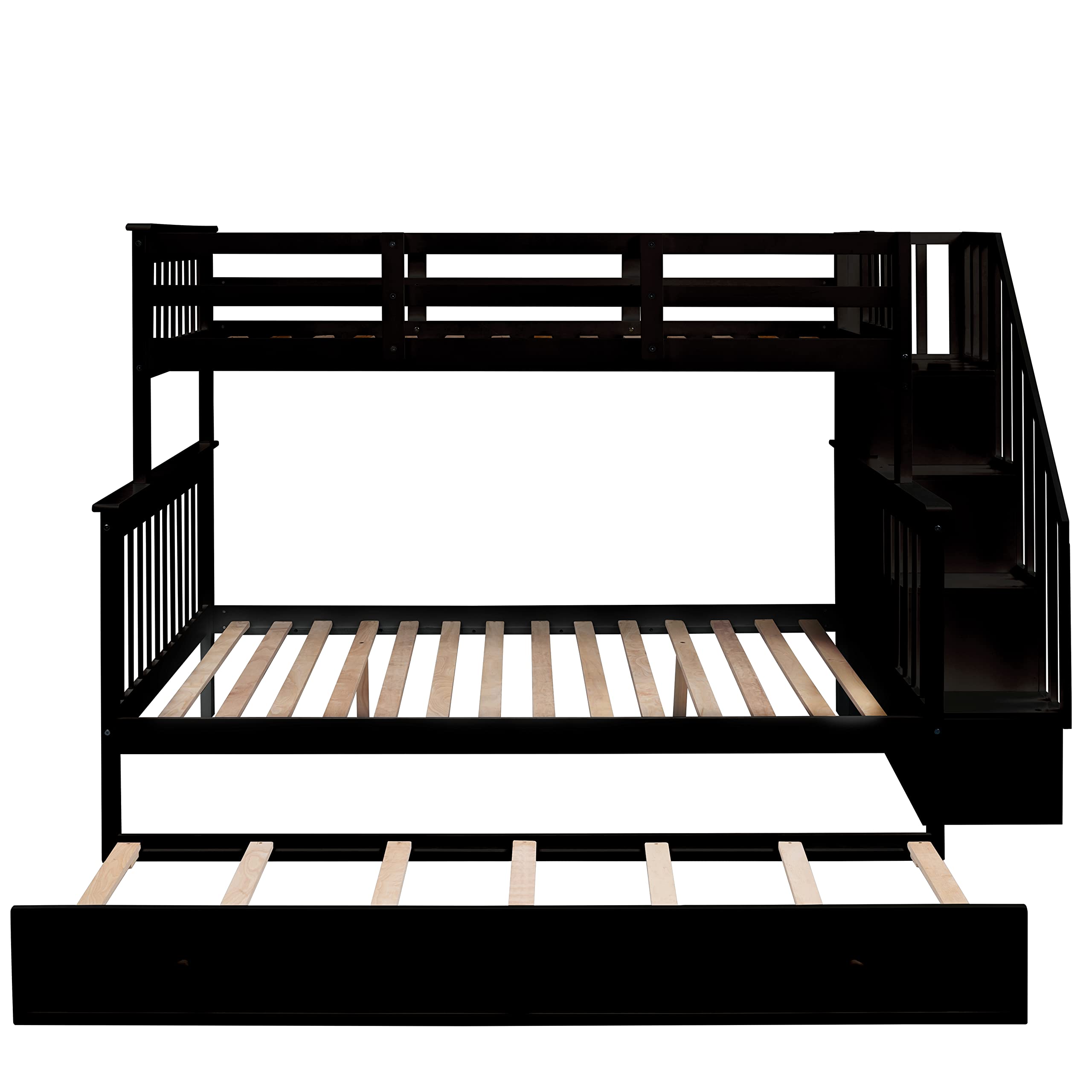 Twin Over Full Bunk Bed with Trundle & Storage Stairs - Solid Wood Loft Bed with Guard Rail & Shelves for Adults - Space Saving Bedroom, Dorm, Kids Room Furniture (Espresso Finish) - Perfect for Small Spaces, Guest Rooms & Shared Bedrooms