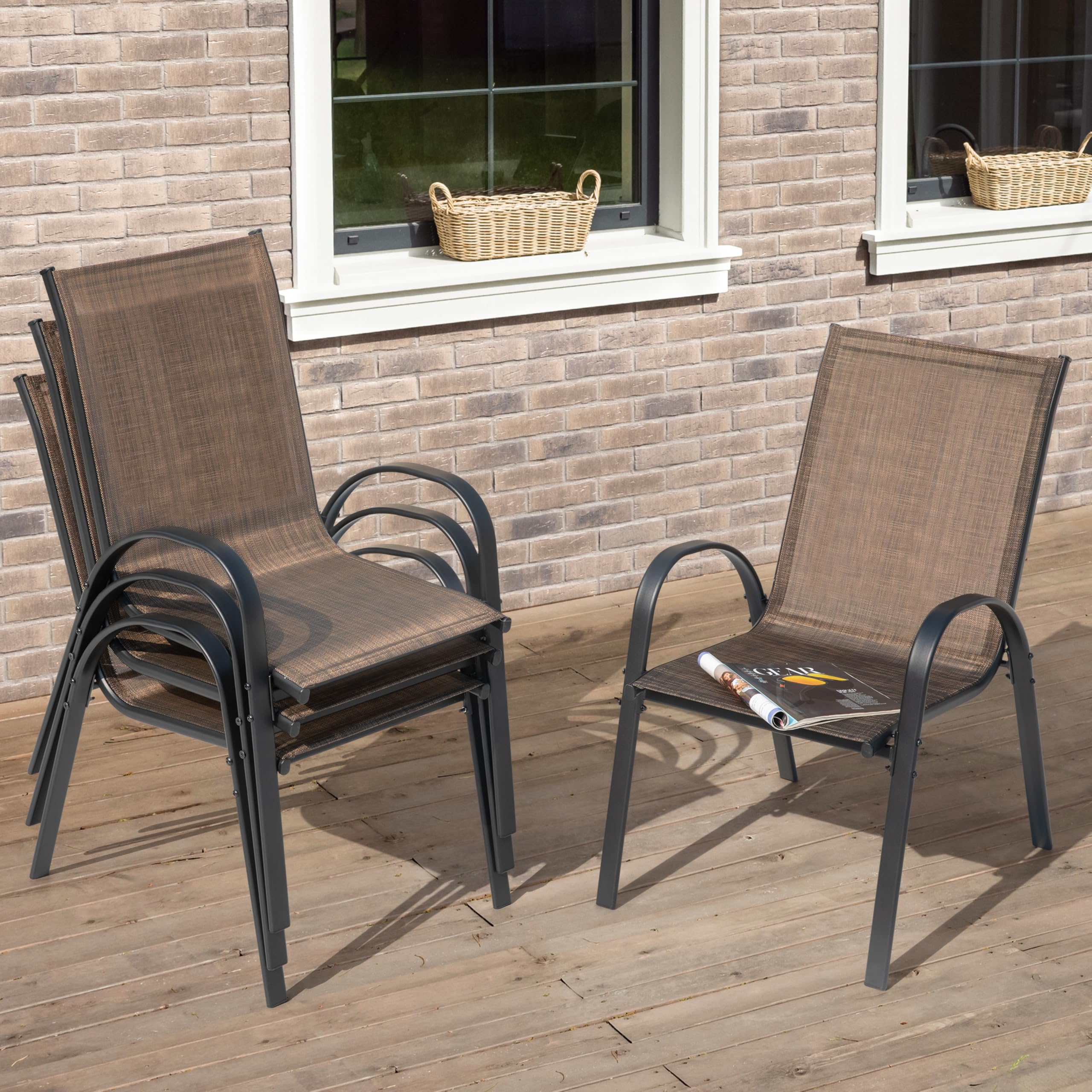 NUU GARDEN Patio Dining Chairs Set of 4 - Stackable Outdoor Chairs with High Back, All-Weather Textilene & Durable Metal Frame - Breathable Garden Chairs for Backyard, Deck, Poolside - Perfect for Outdoor Dining, Lounging & Entertaining (Brown)