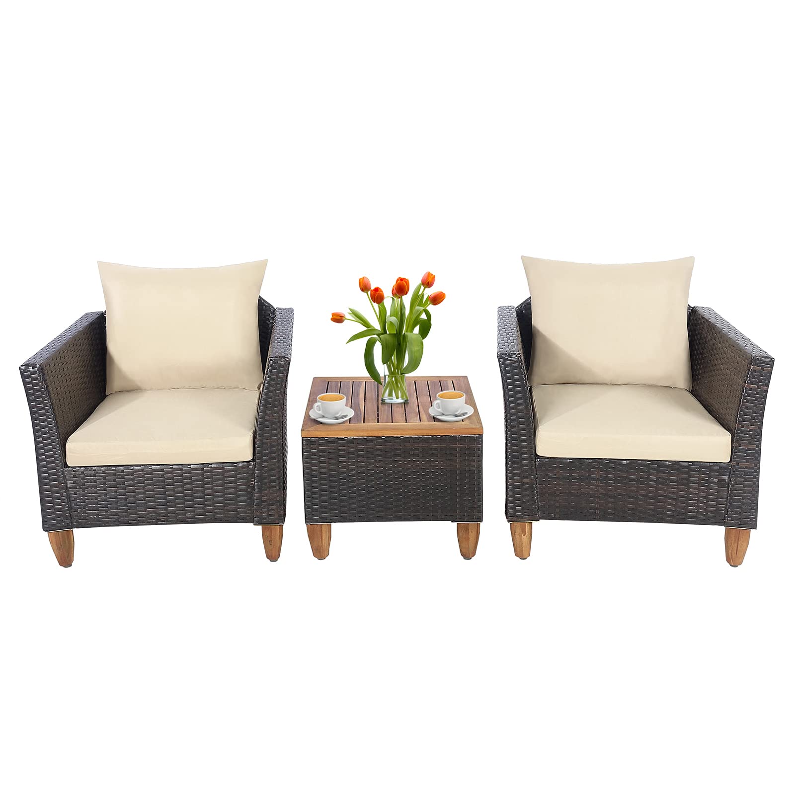 RELAX4LIFE 3-Piece Outdoor Patio Furniture Set - Rattan Wicker Conversation Bistro Set with Cushioned Seats & Acacia Wood Table - Beige and Brown Porch Chairs for Balcony, Poolside, Garden or Backyard Relaxation