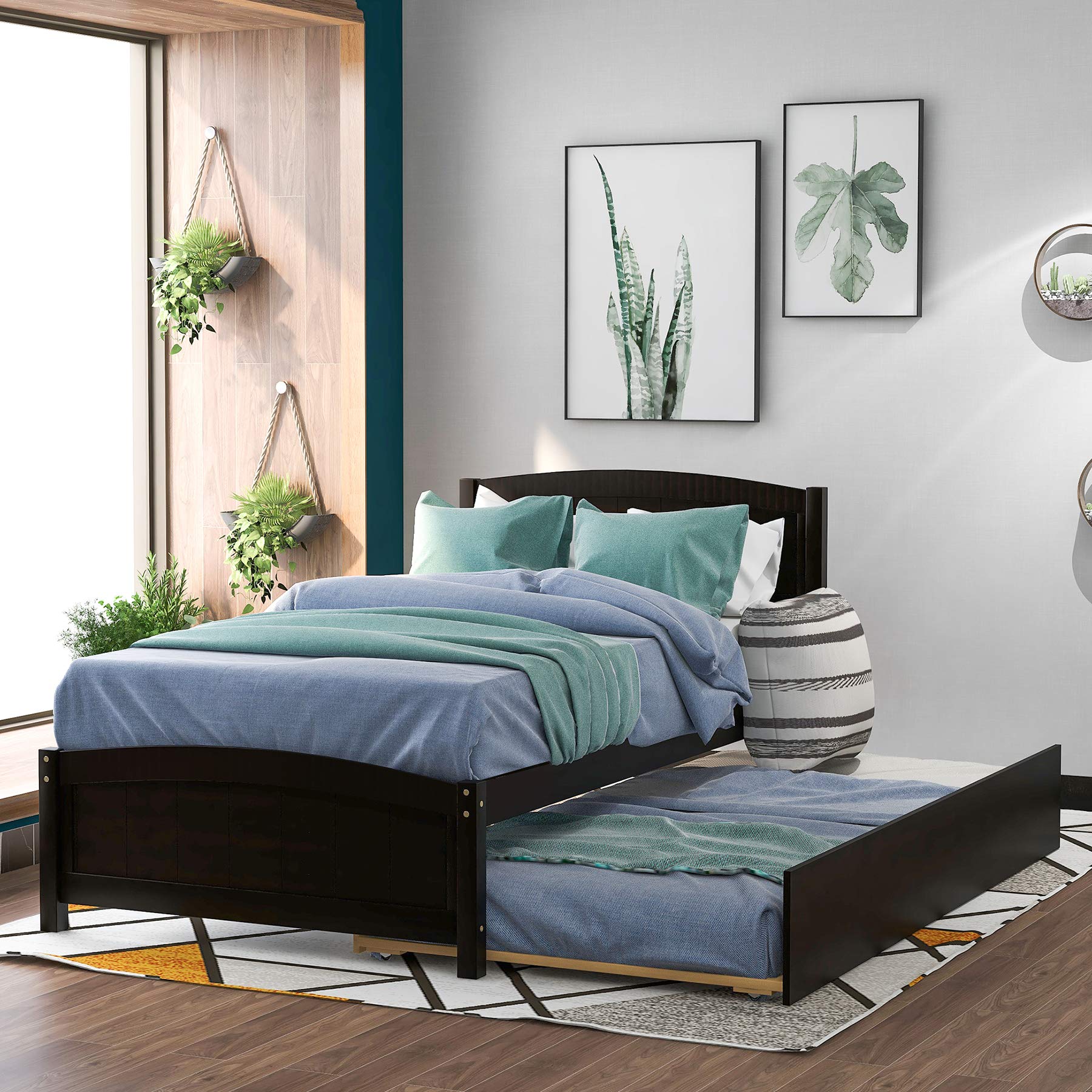 **Merax Twin Size Wooden Platform Bed Frame with Trundle - No Box Spring Needed, Espresso Finish - Perfect for Kids' Rooms, Guest Beds & Small Spaces**