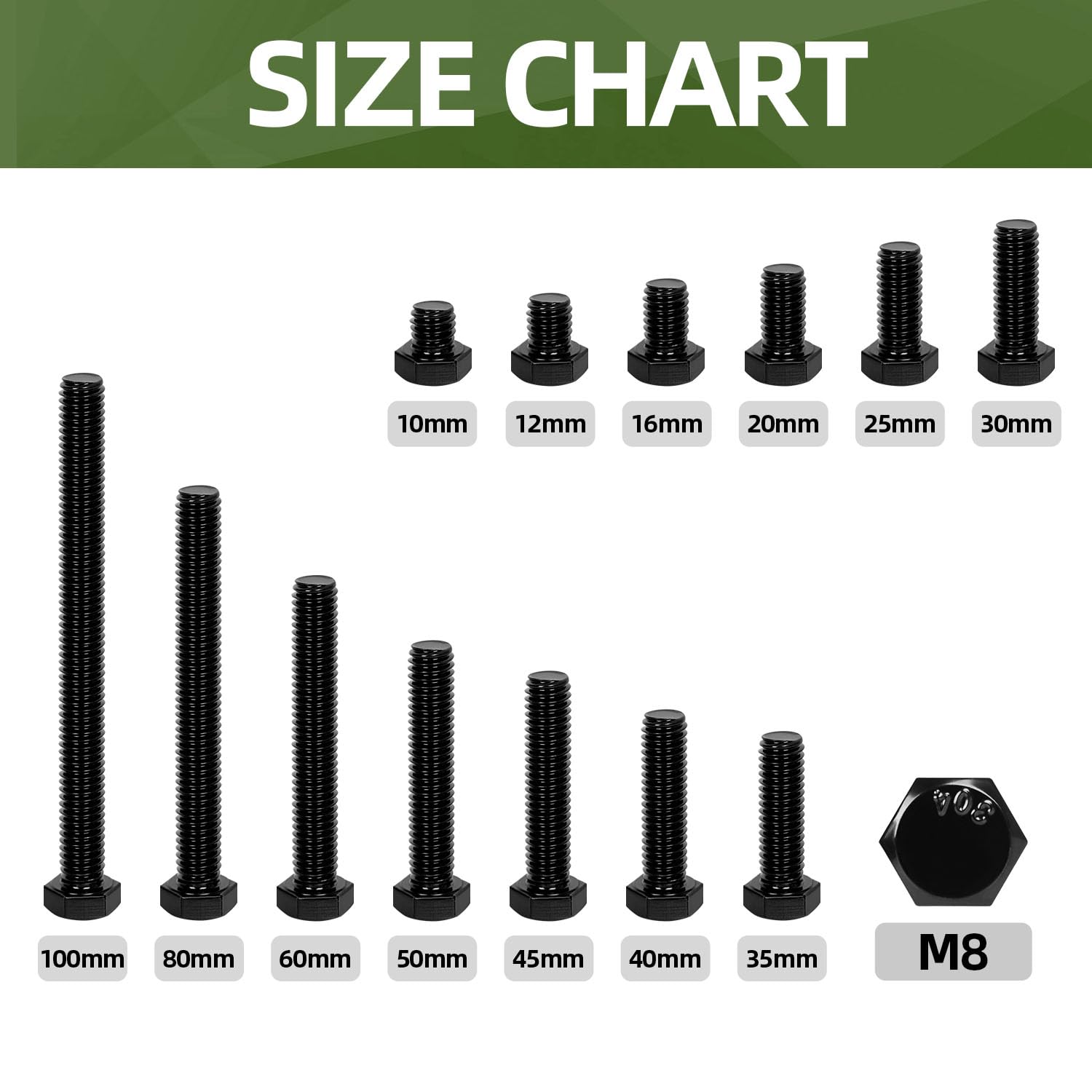 25-Pack M8x16mm Black Hex Bolts - 304 Stainless Steel for Furniture & DIY Projects