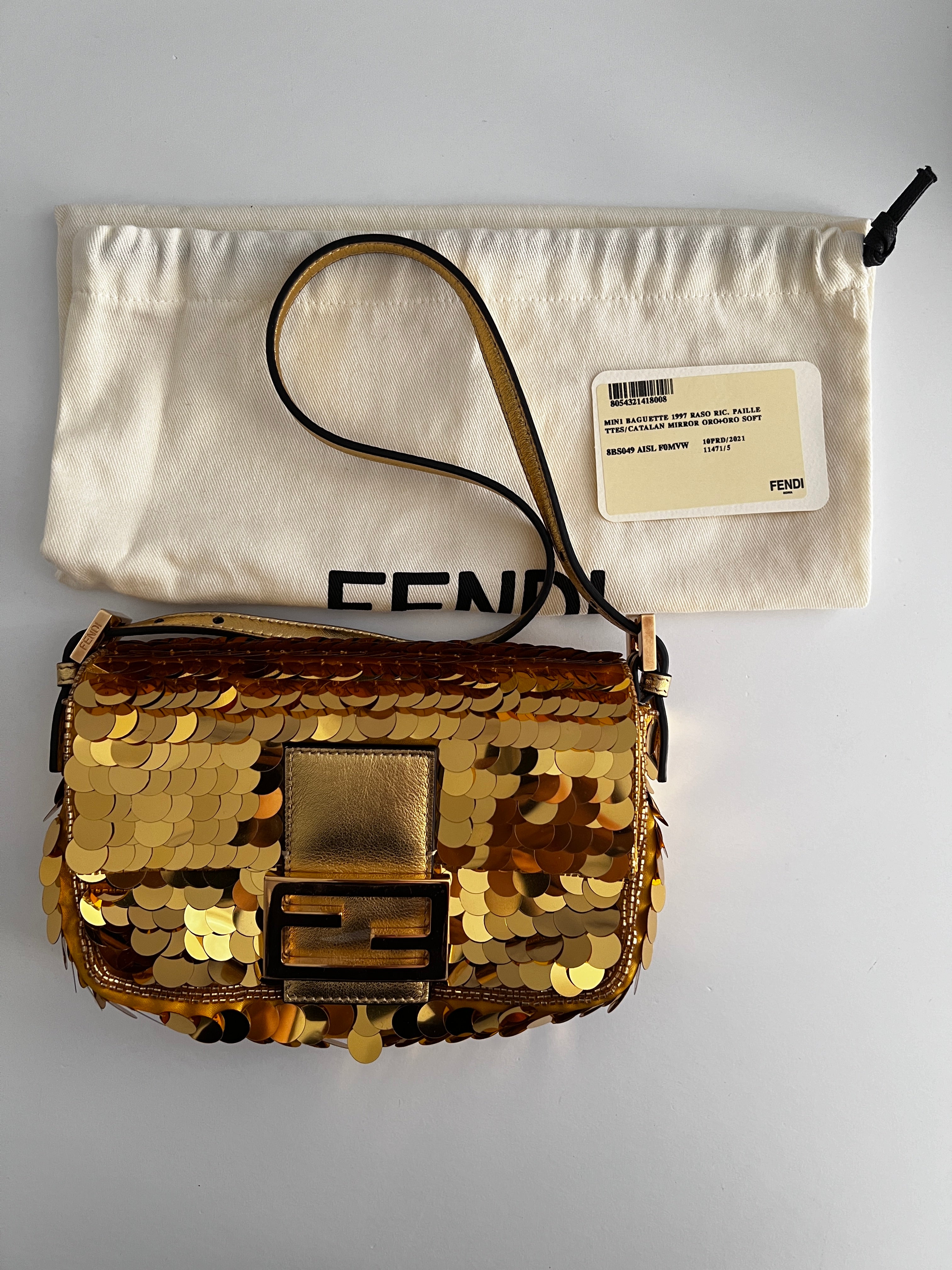 Vintage Fendi Mini Gold Paillettes Baguette Bag - Pre-Owned Luxury Shoulder Purse for Women | Perfect for Evening Parties, Weddings & Special Occasions