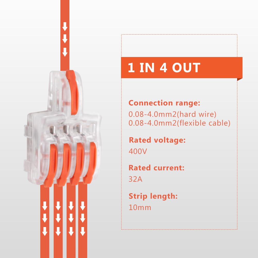 1 in 4 Out Lever Wire Connectors - 5 Port Quick Connect Electrical Splicing Connectors with Orange Handle (14 Pcs) - Ideal for Home Wiring, DIY Electrical Projects & Automotive Repairs