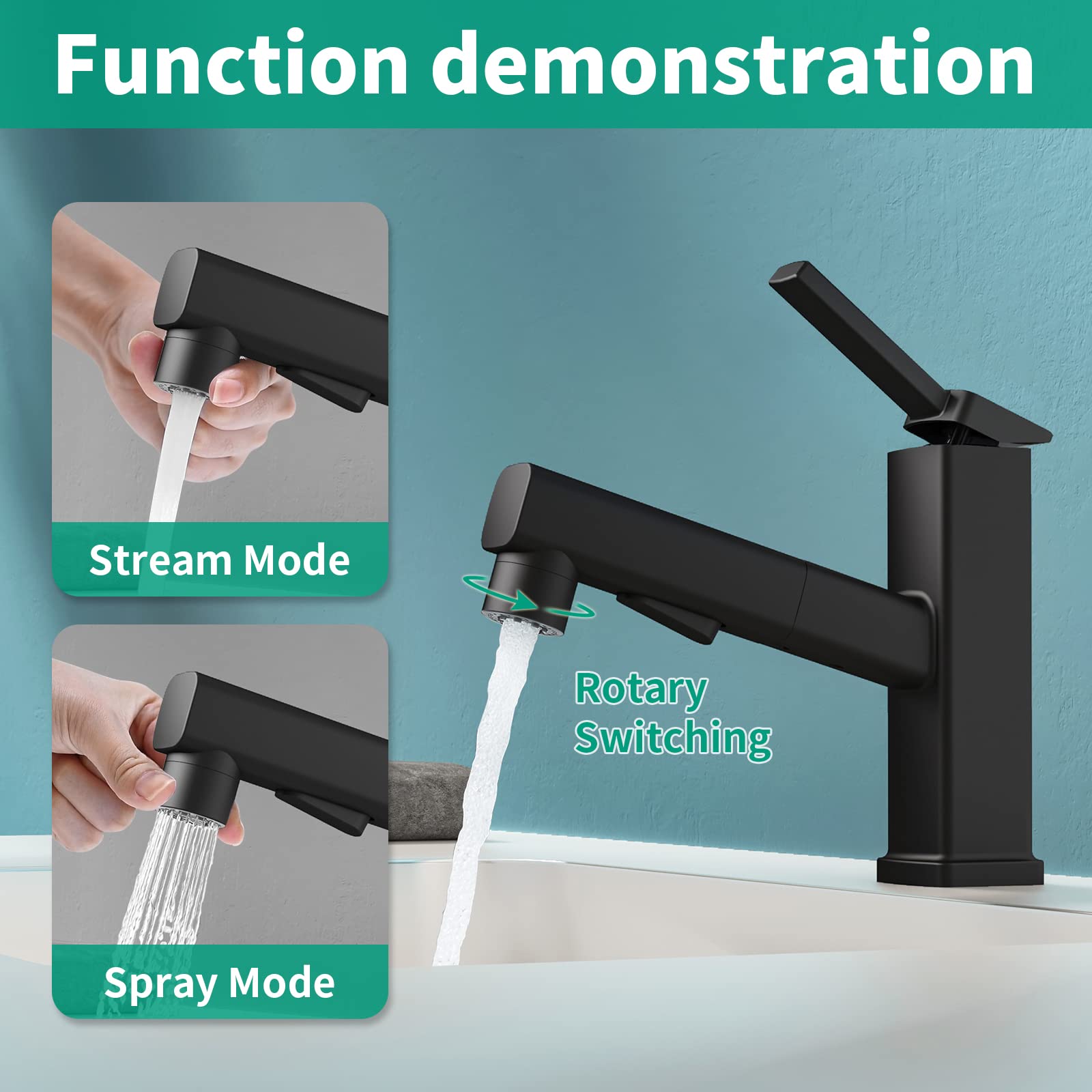 HEROBAI Single Hole Bathroom Faucet with Sprayer - 3 Flow Modes for Modern Sinks (Black)
