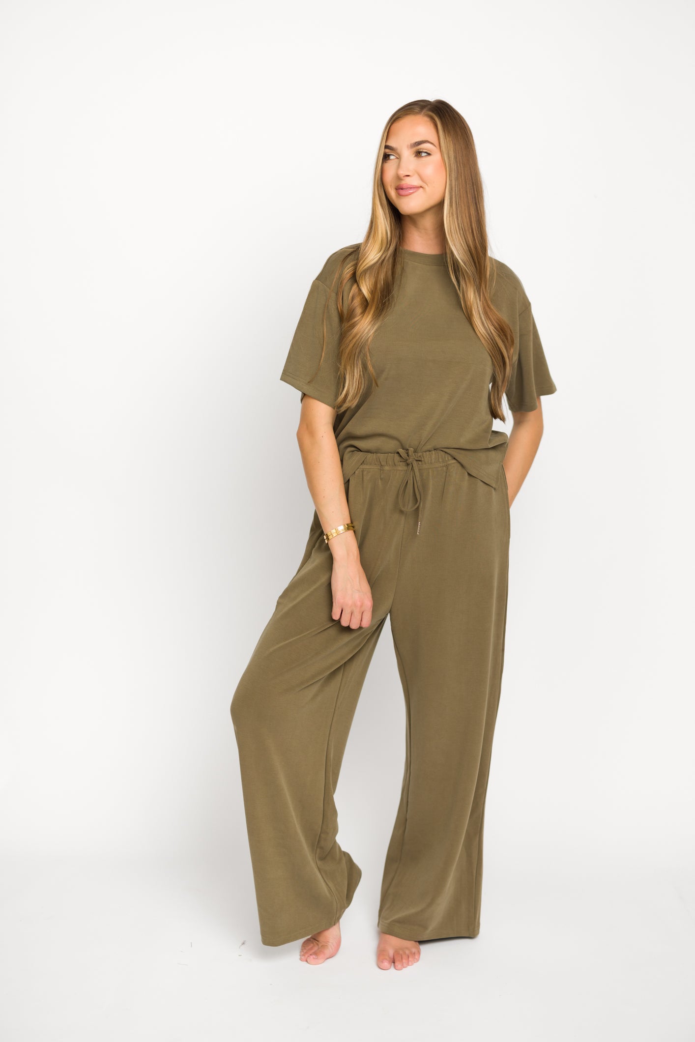 Macy Loose Fit T-Shirt & Wide Leg Pant Set - Women's Casual Sage Green Outfit for Lounge, Yoga & Everyday Wear