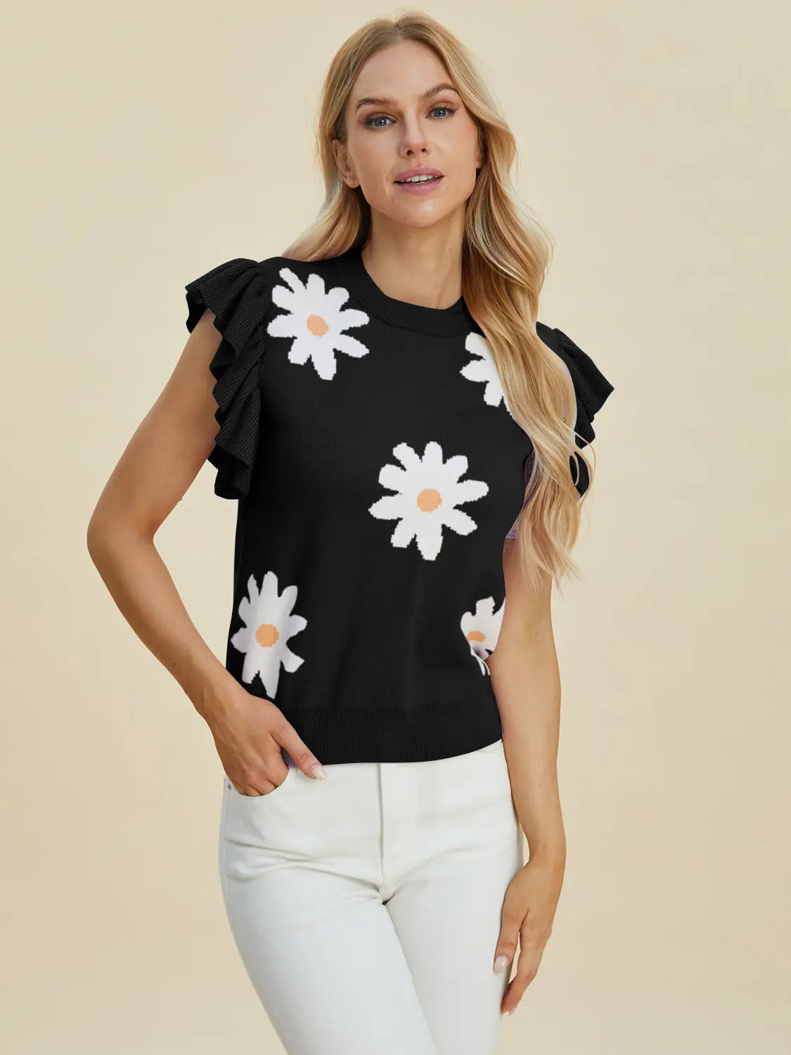 Double Take Full Size Ruffled Flower Round Neck Cap Sleeve Sweater - Women's Floral Knit Top for Casual Wear, Date Night & Office Outfits