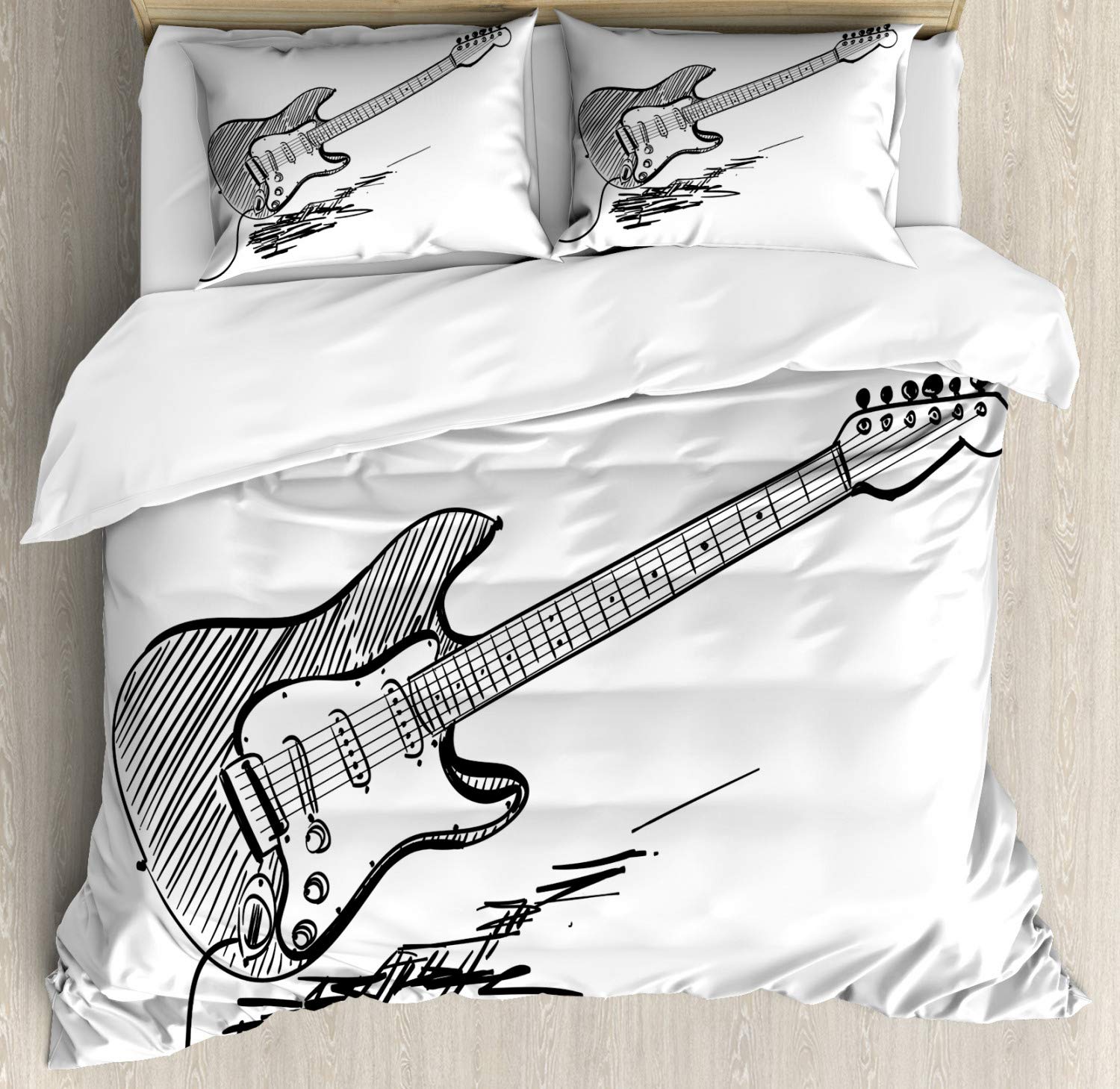 Ambesonne Guitar Duvet Cover Set - Queen Size 2-Piece with 4 Pillowcases, Hand-Drawn Electric Guitar Rock Music Sketch Design on White Background, Black & White Bedding for Music Lovers' Bedroom Decor