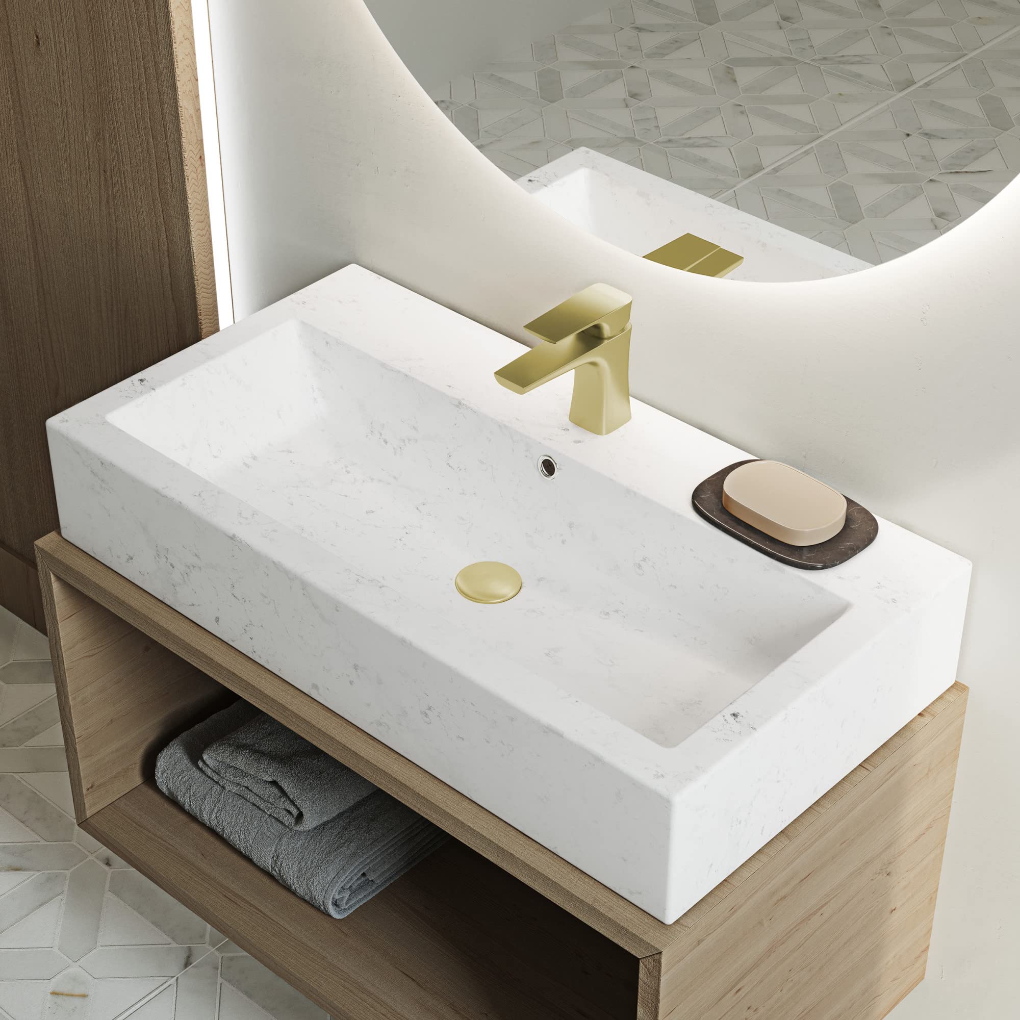 Voltaire Wide Rectangle Vessel Sink in Static Marble - Modern Bathroom Vanity Sink for Contemporary Homes & Luxury Hotels
