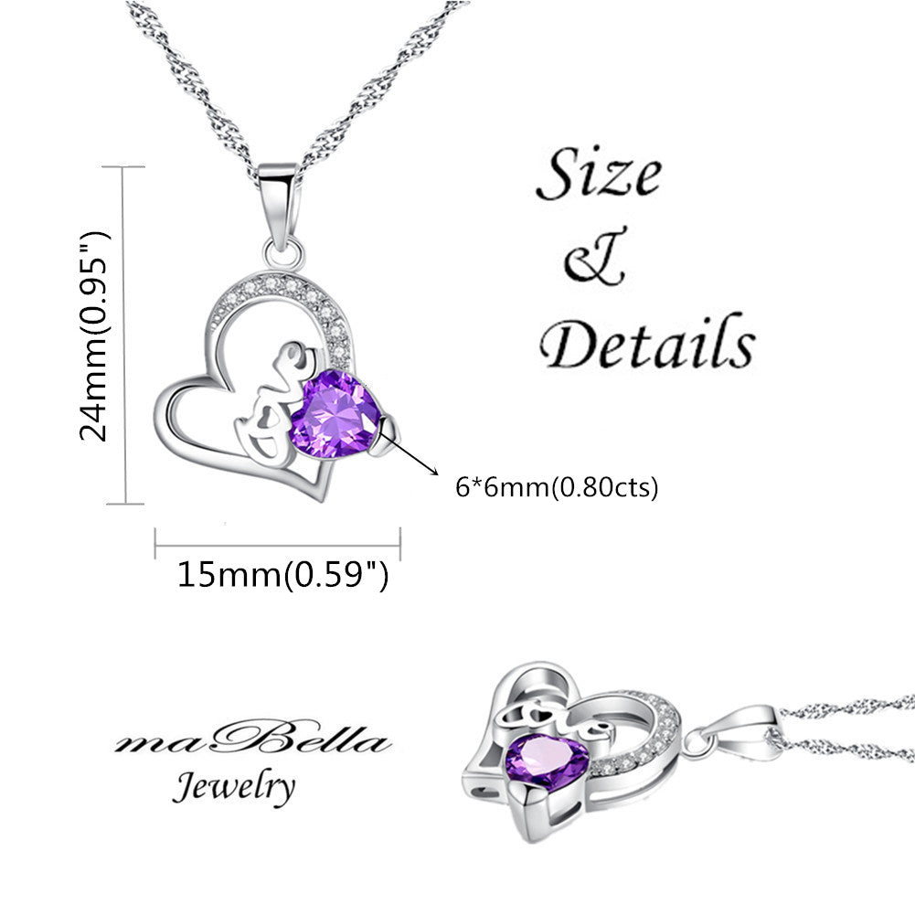 Elegant MABELLA Purple Heart Pendant Necklace - Sterling Silver with Simulated Amethyst Gemstone | Perfect Christmas Gift for Women, Anniversary Present | Ideal for Date Nights, Parties & Special Occasions