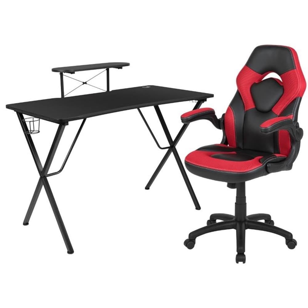 BOWERY HILL 2-Piece Gaming Desk Set with Monitor Stand - Black & Red Computer Desk for PC Gamers | Perfect for Small Spaces, Streaming & Esports Setup